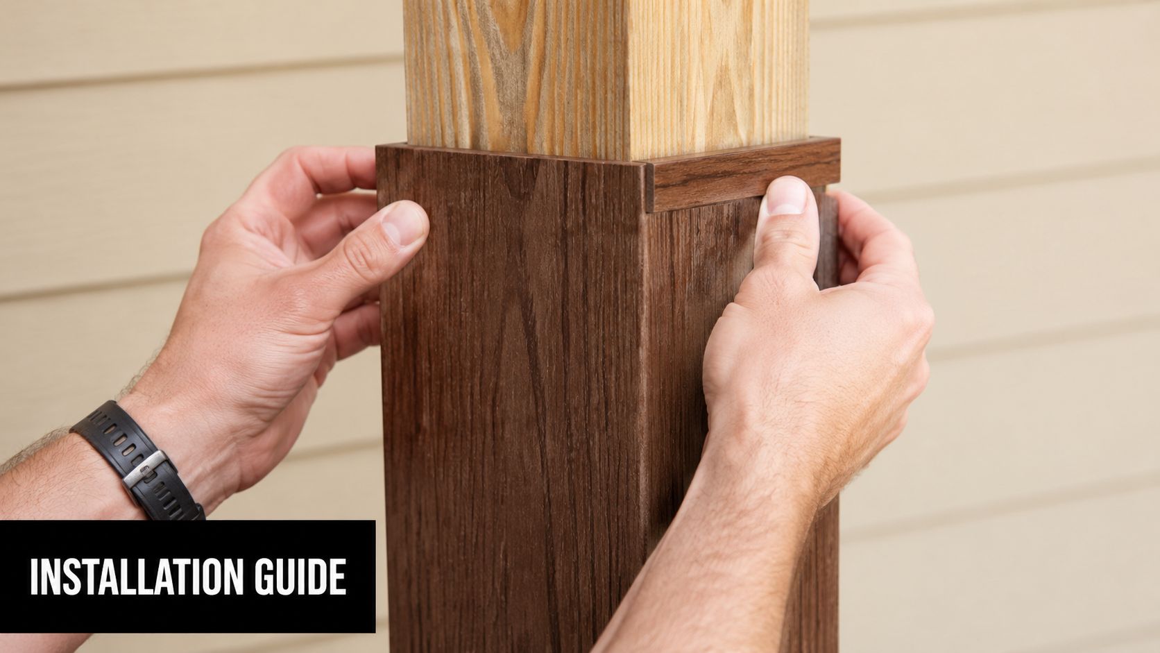 A pair of hands installing a wood-look plastic sleeve onto a structural wooden post during renovation.