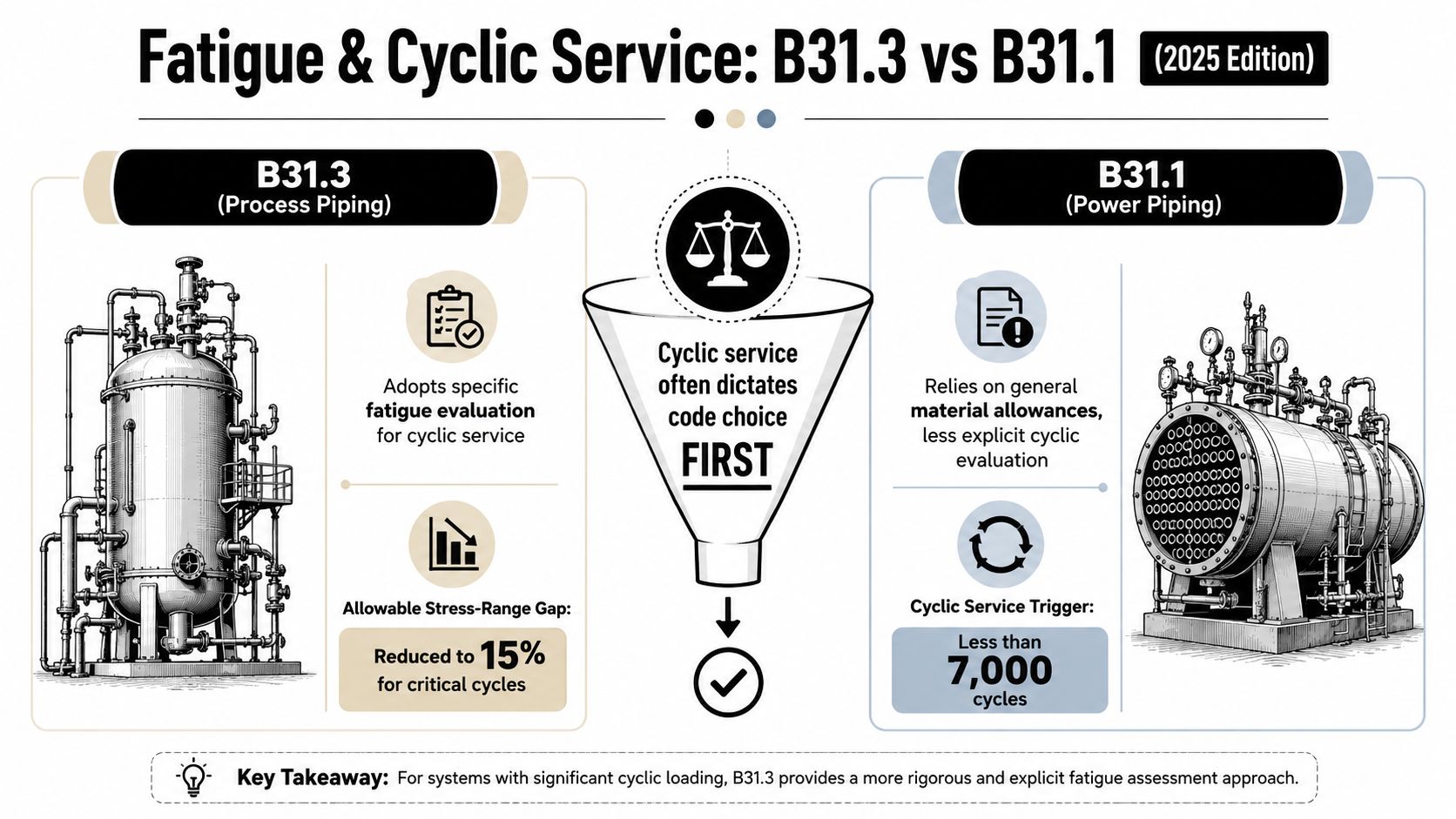 A comparison infographic detailing fatigue and cyclic service differences between ASME B31.3 and B31.1 piping standards.