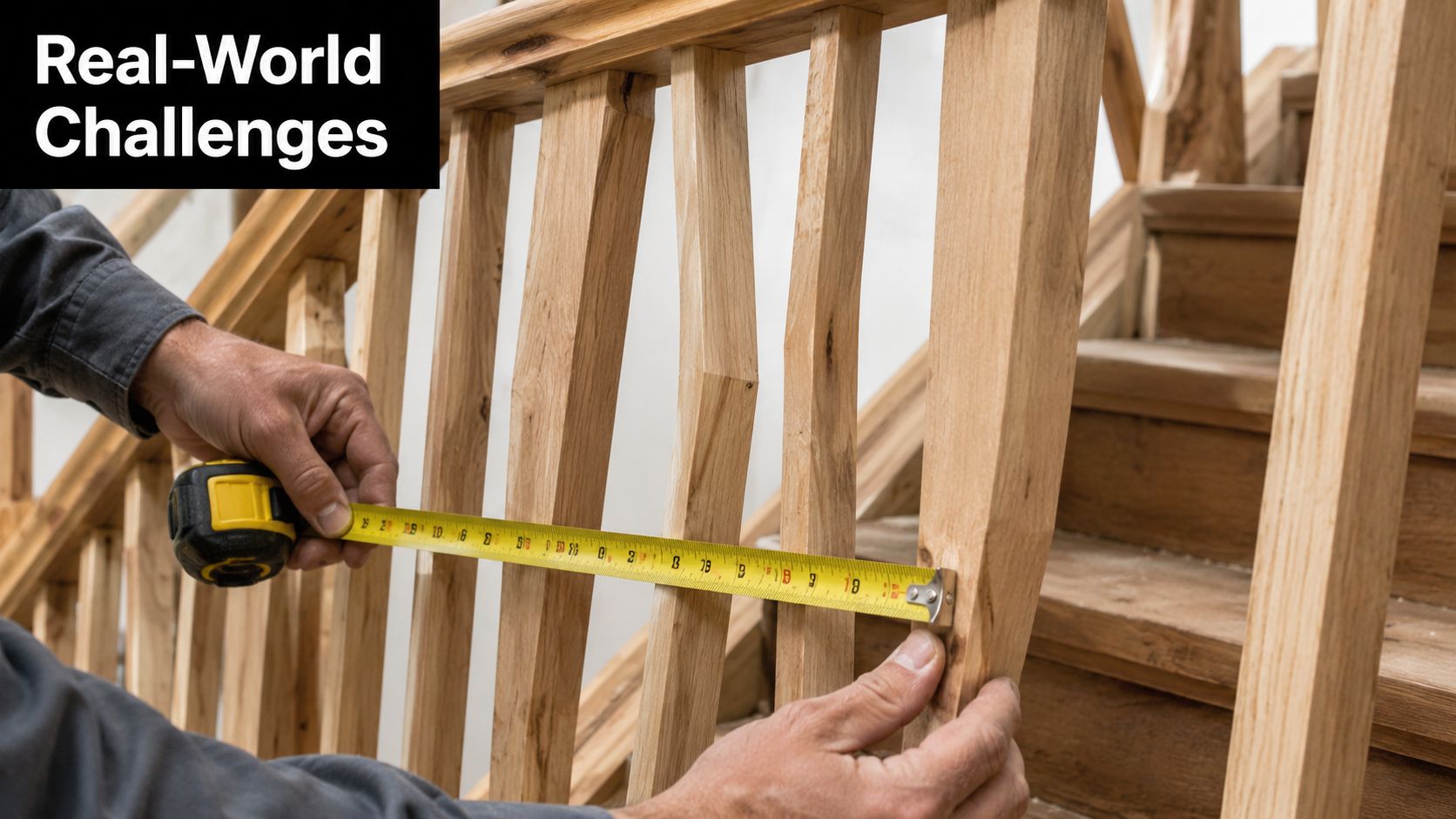 A craftsman uses a measuring tape to determine the distance between wooden balusters on a staircase railing.