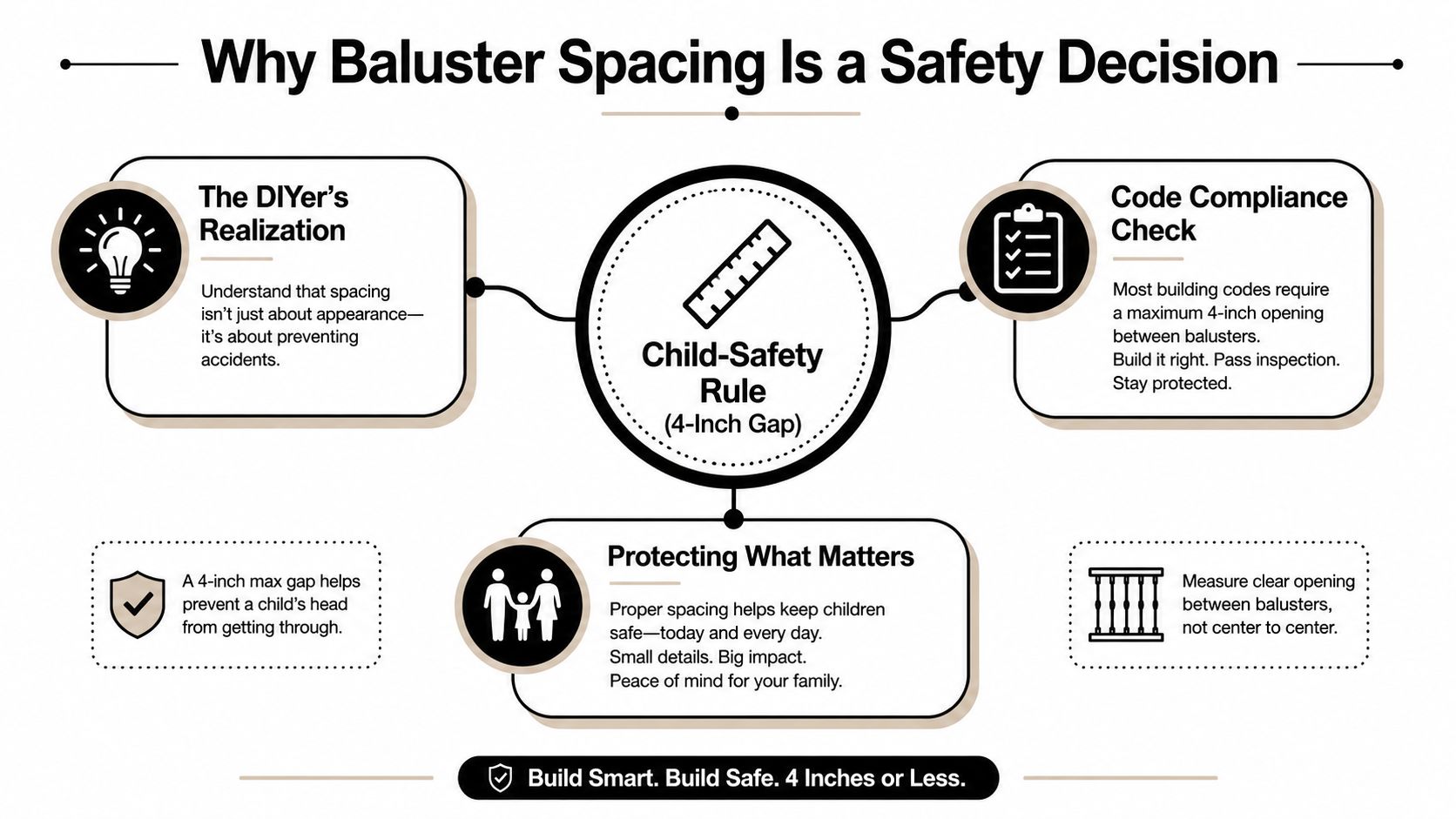 An infographic titled Why Baluster Spacing Is a Safety Decision, explaining the importance of the 4-inch gap rule.