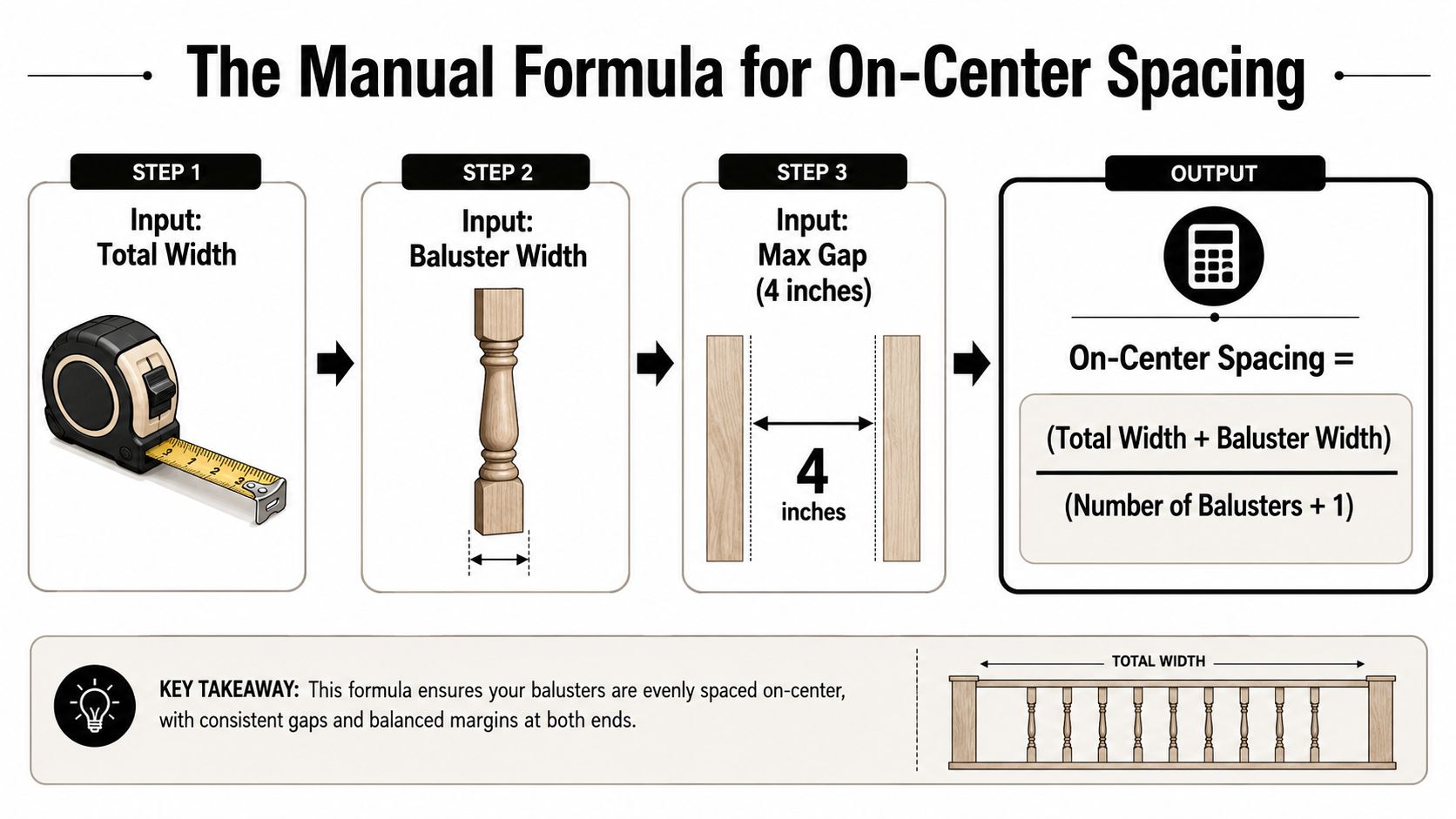 An infographic showing the manual calculation formula for determining on-center spacing between railing balusters for construction projects.