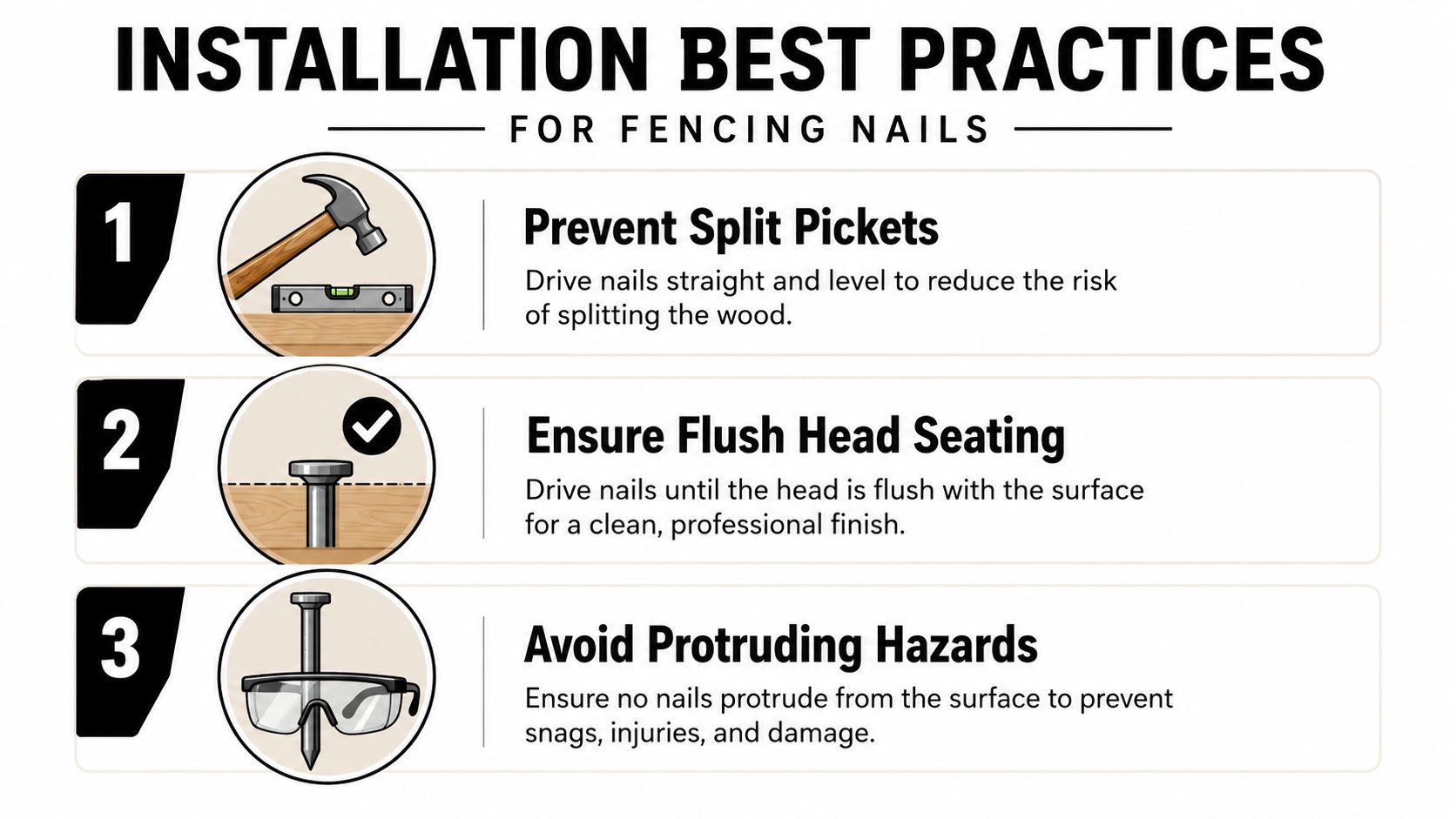 A guide listing three best installation practices for driving fencing nails, including preventing split pickets, ensuring flush seating, and avoiding hazards.