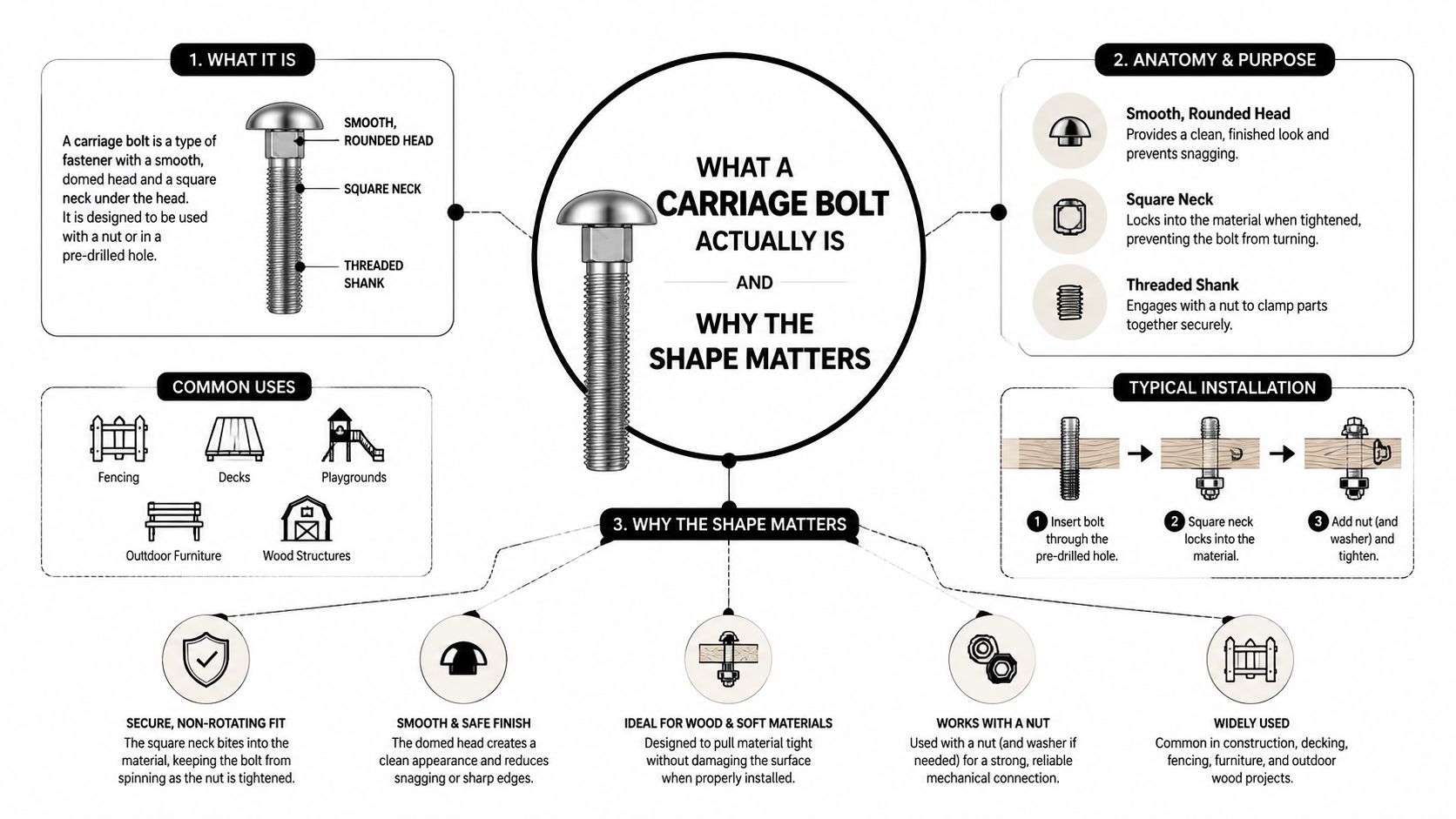An infographic diagram explaining the anatomy, common uses, and functional purpose of a carriage bolt fastener.