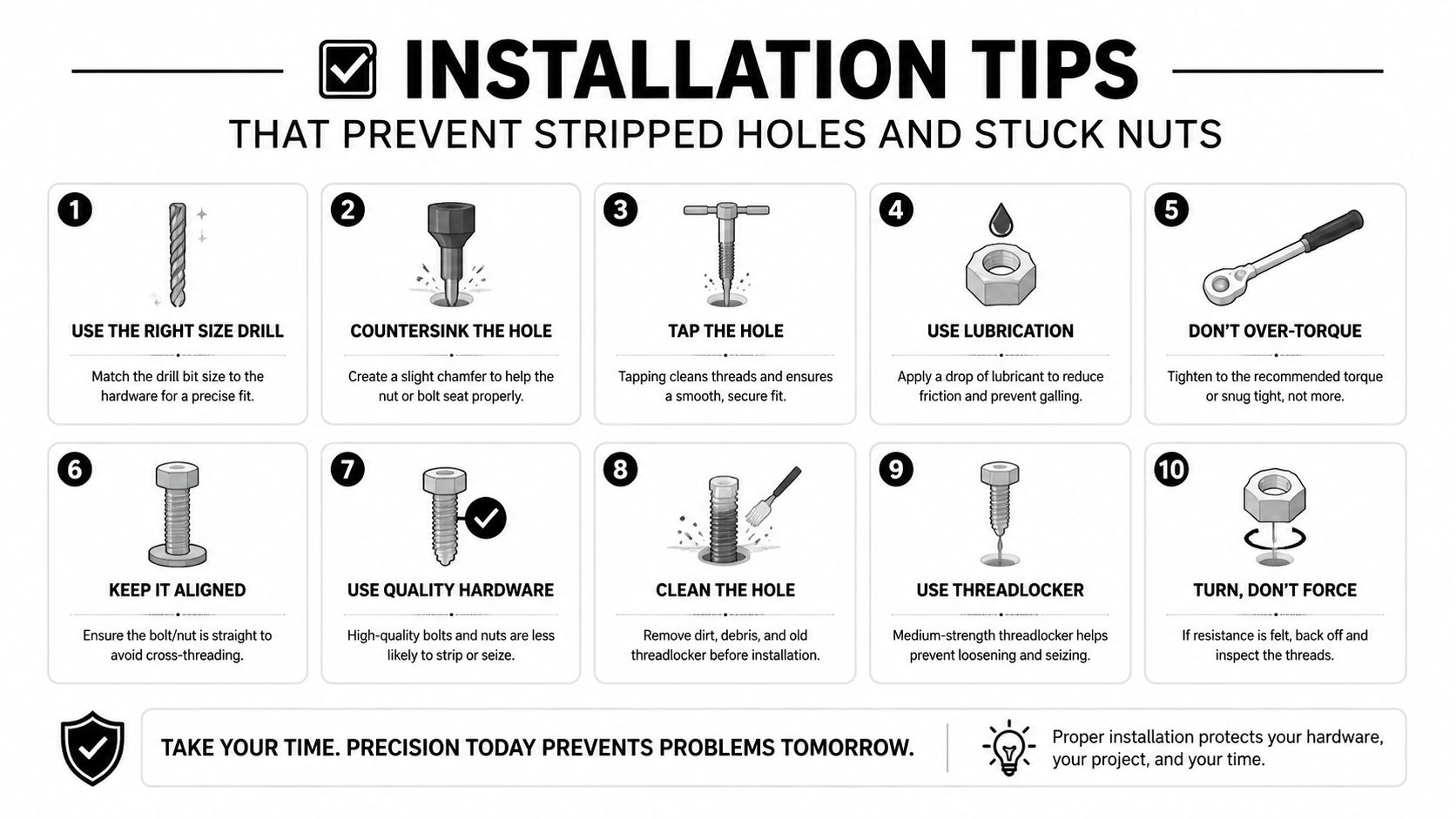 An infographic detailing ten essential installation tips for hardware to prevent stripped holes and stuck nuts.
