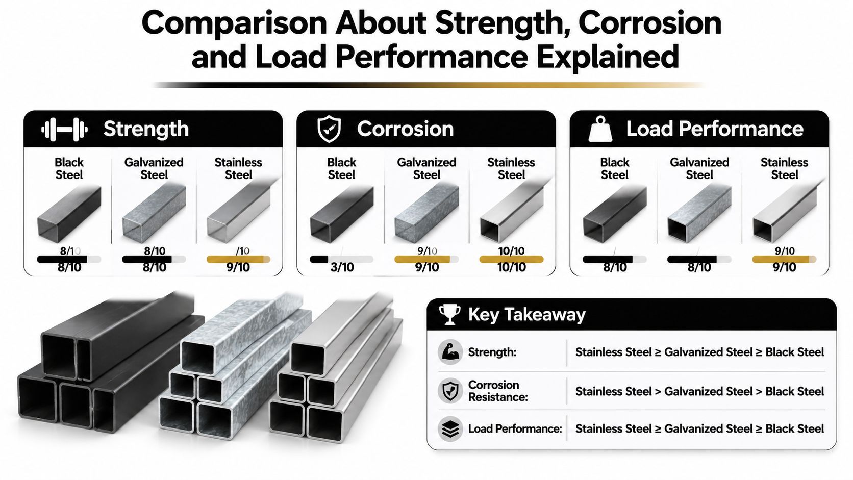 A comparison chart highlighting the strength, corrosion resistance, and load performance of black, galvanized, and stainless steel.