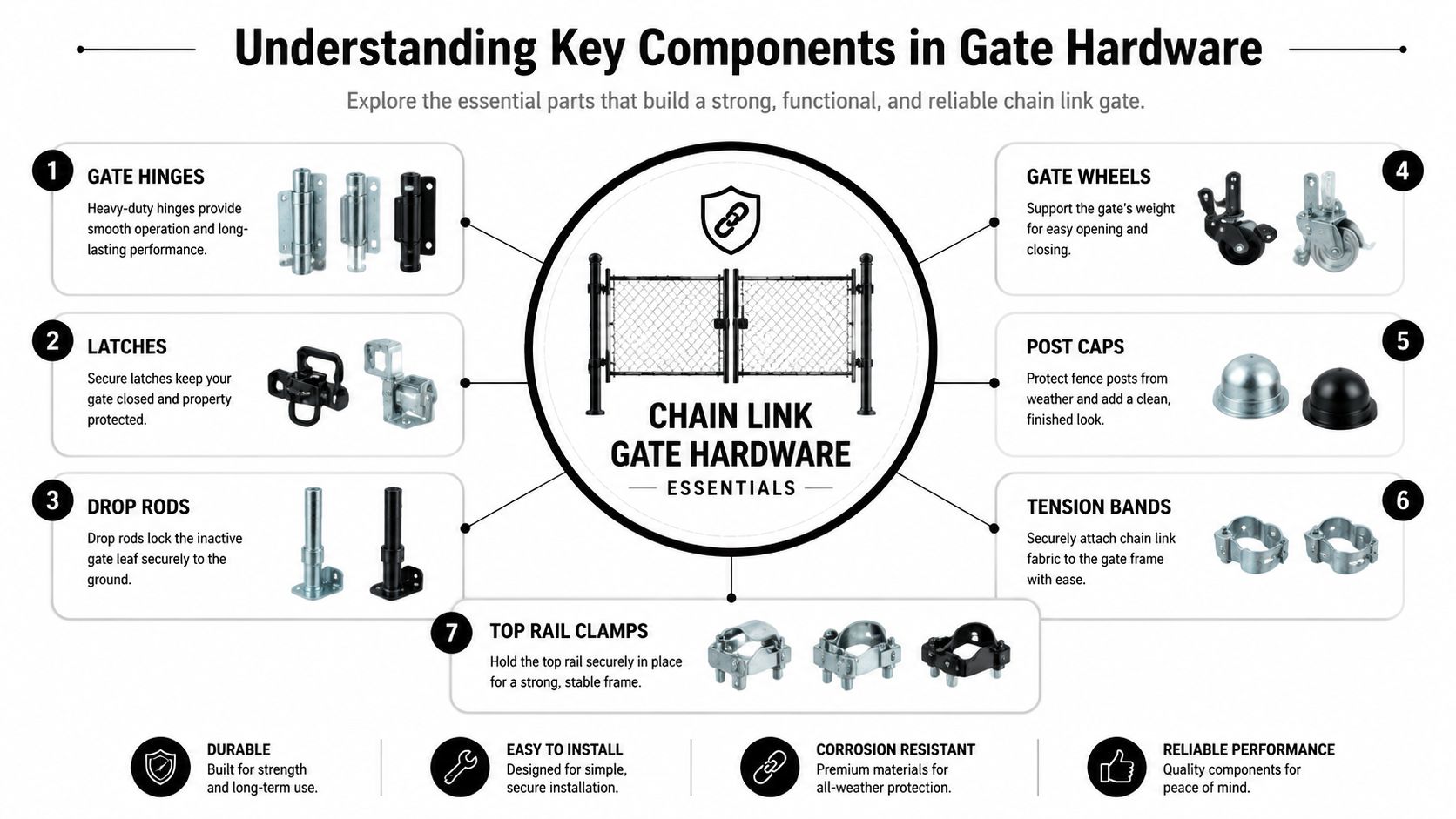 An infographic showing various essential hardware components for a chain link gate, including hinges, latches, and wheels.