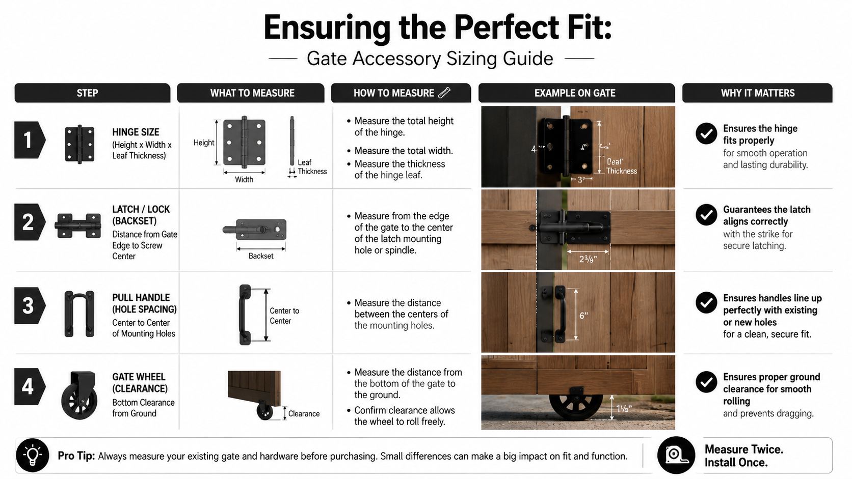 A helpful infographic guide explaining how to measure gate hardware including hinges, latches, handles, and wheels.