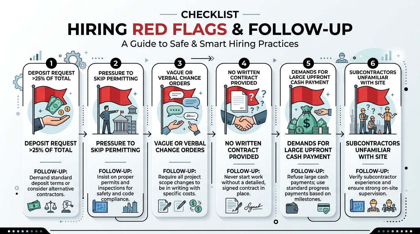 An infographic detailing six red flags and corresponding follow-up actions when hiring professional contractors for home projects.