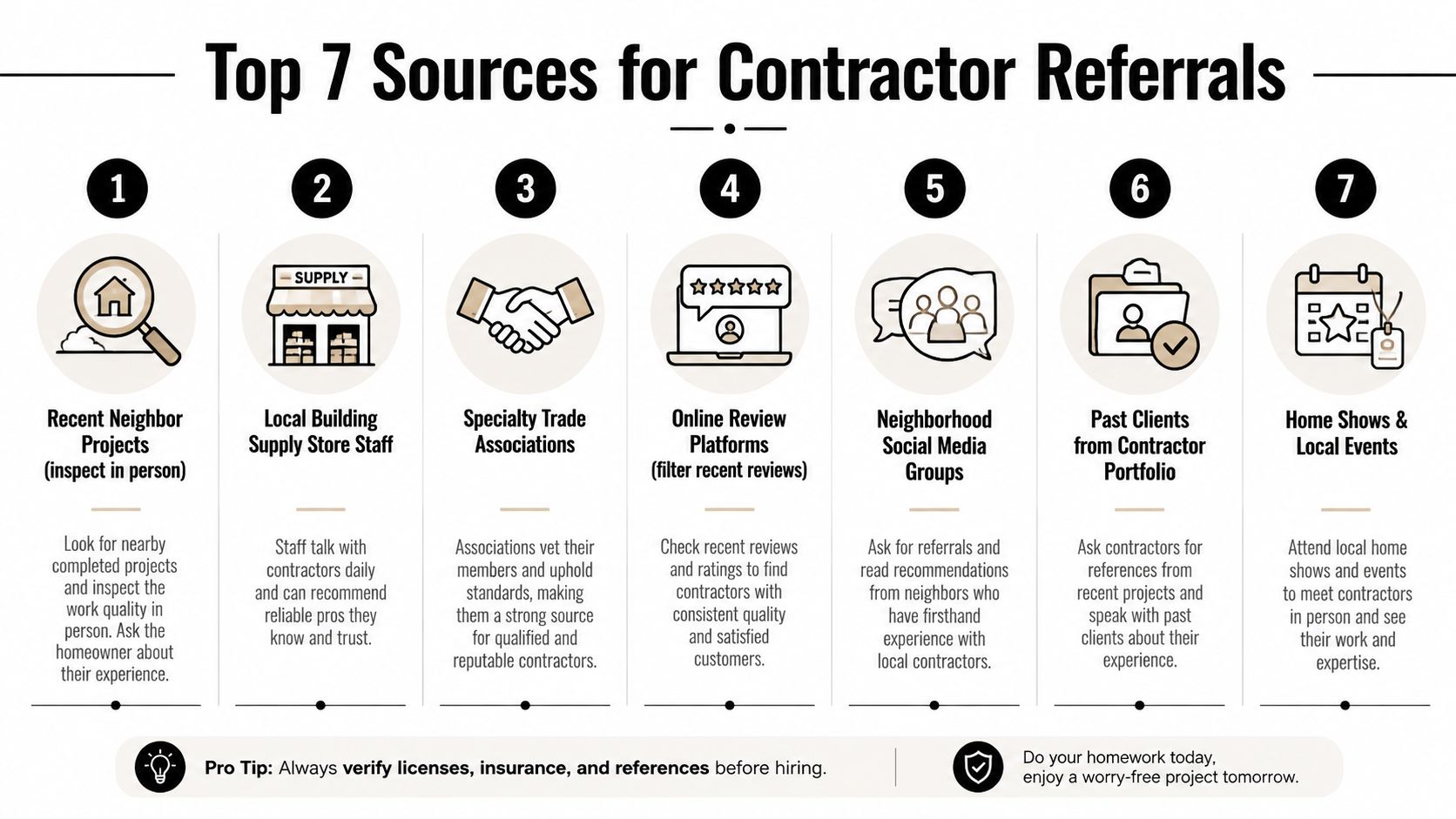 An infographic titled Top 7 Sources for Contractor Referrals, outlining methods to find reliable local construction professionals.