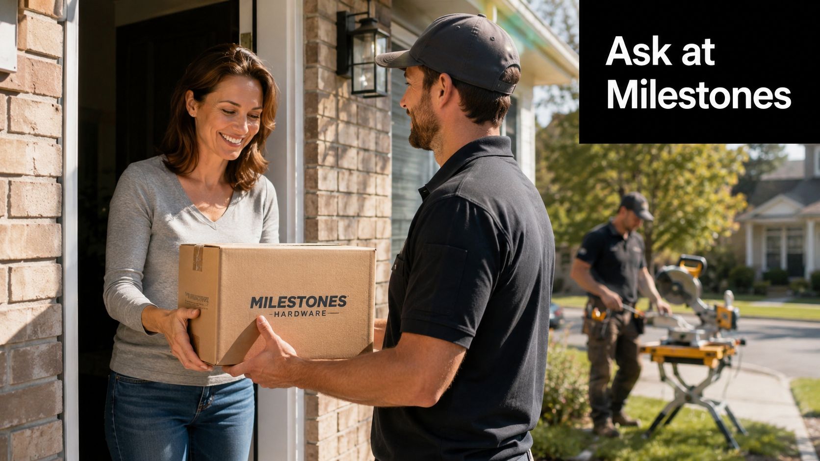A delivery man handing a Milestones Hardware box to a smiling woman at her front door.