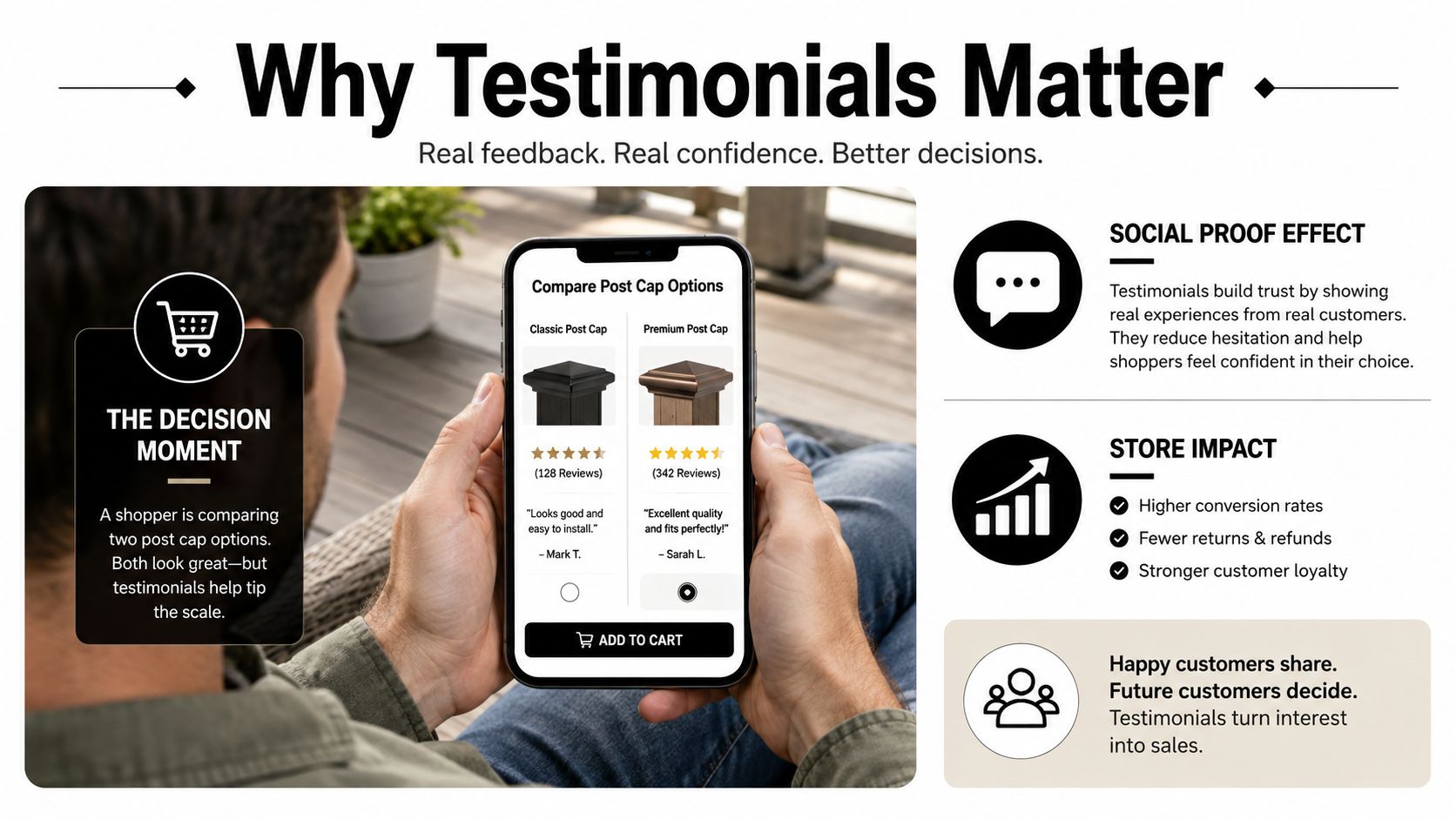 A person holding a smartphone showing product comparisons with customer reviews to highlight why testimonials matter.