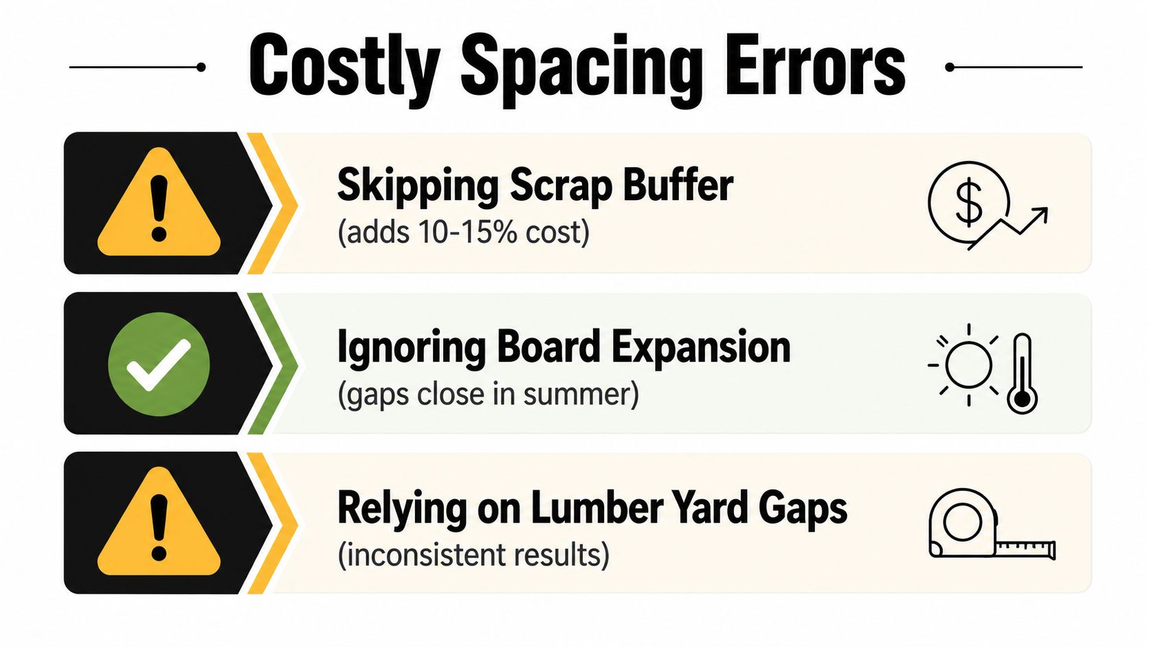 An infographic illustrating three common deck board spacing mistakes that lead to costly installation issues.