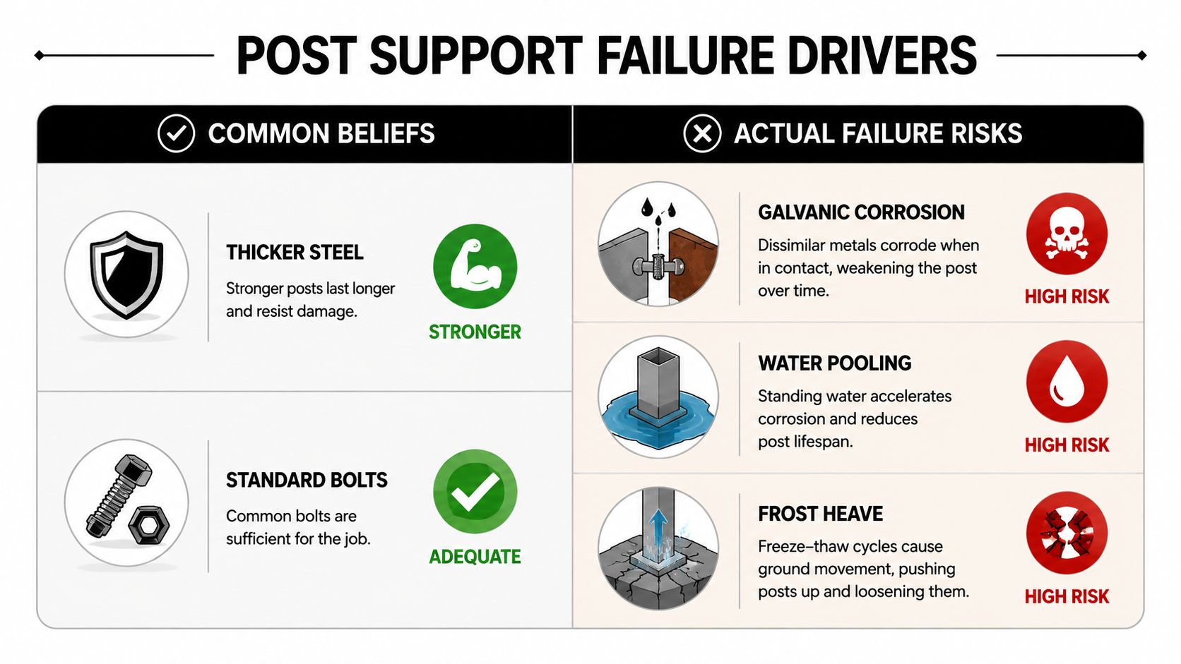 A comparison chart showing common misconceptions versus actual failure risks for post support systems in construction.