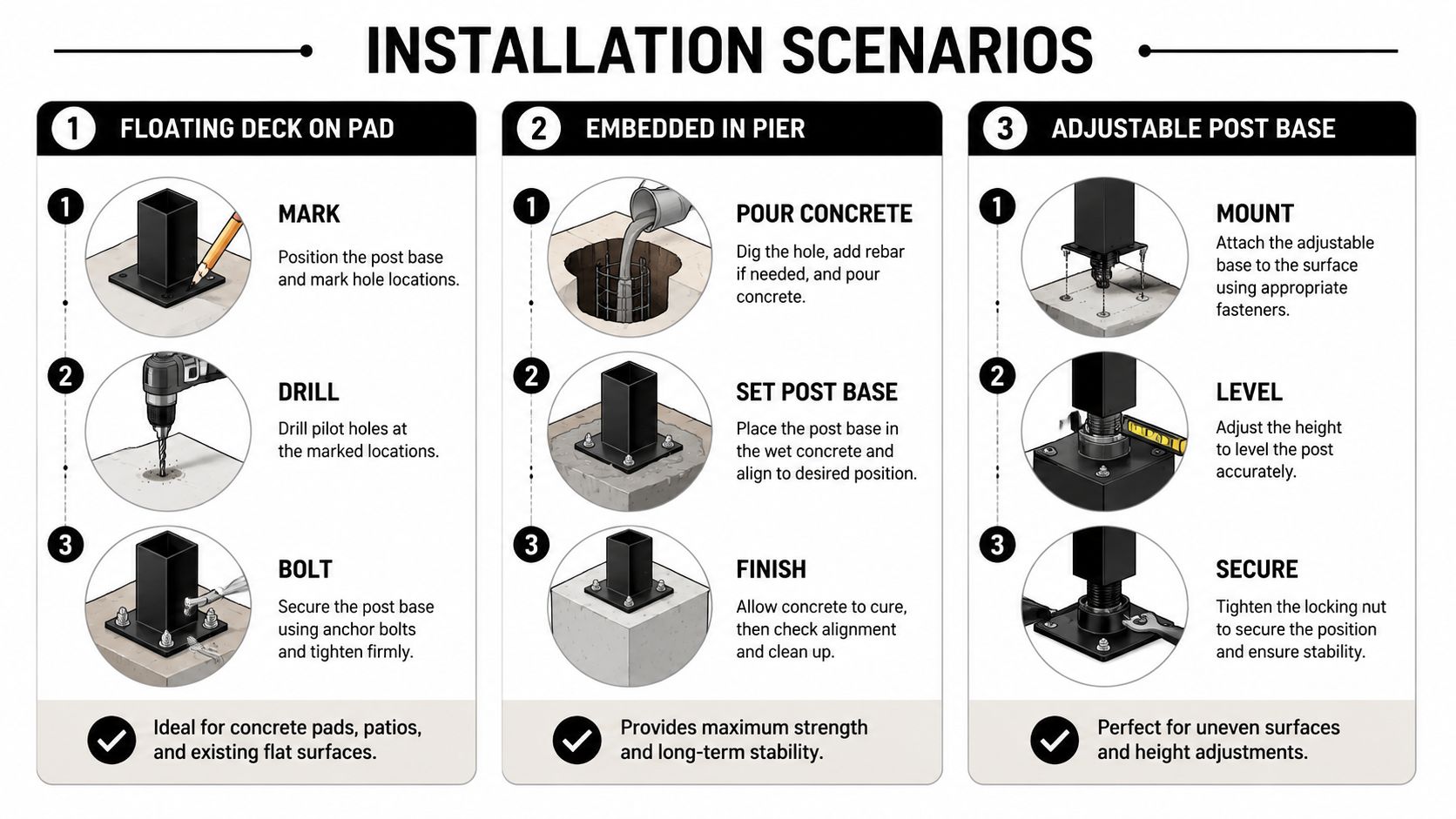 A diagram illustrating three installation scenarios for metal decking post supports on concrete and uneven surfaces.