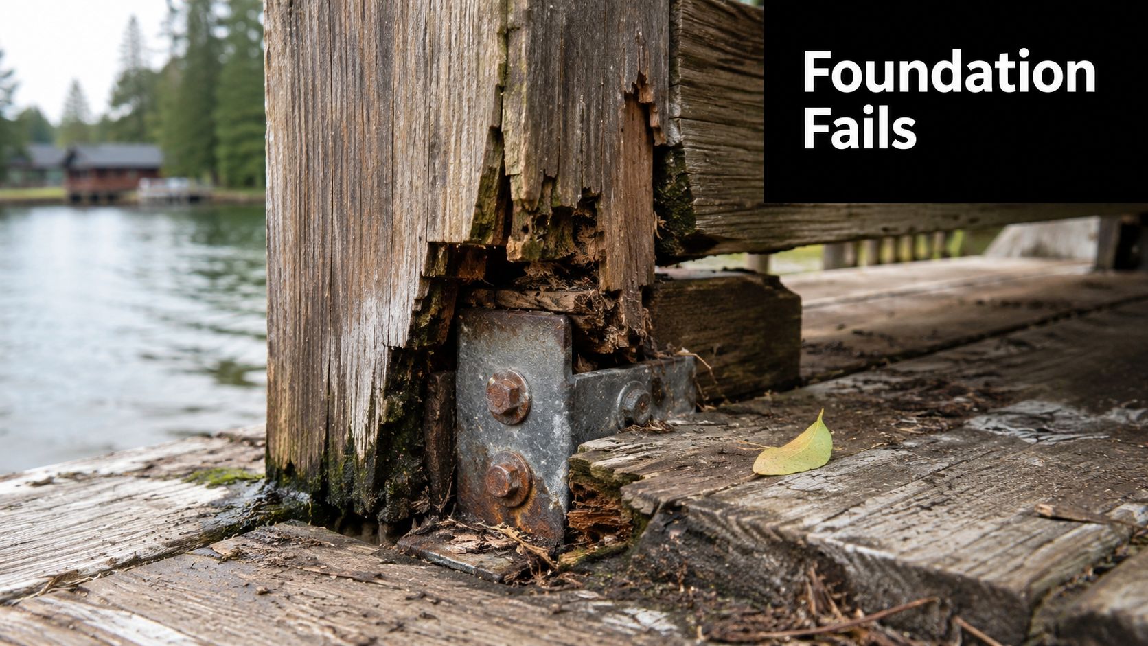 A close-up view of a severely rotted wooden deck post connected to a rusted metal base support.