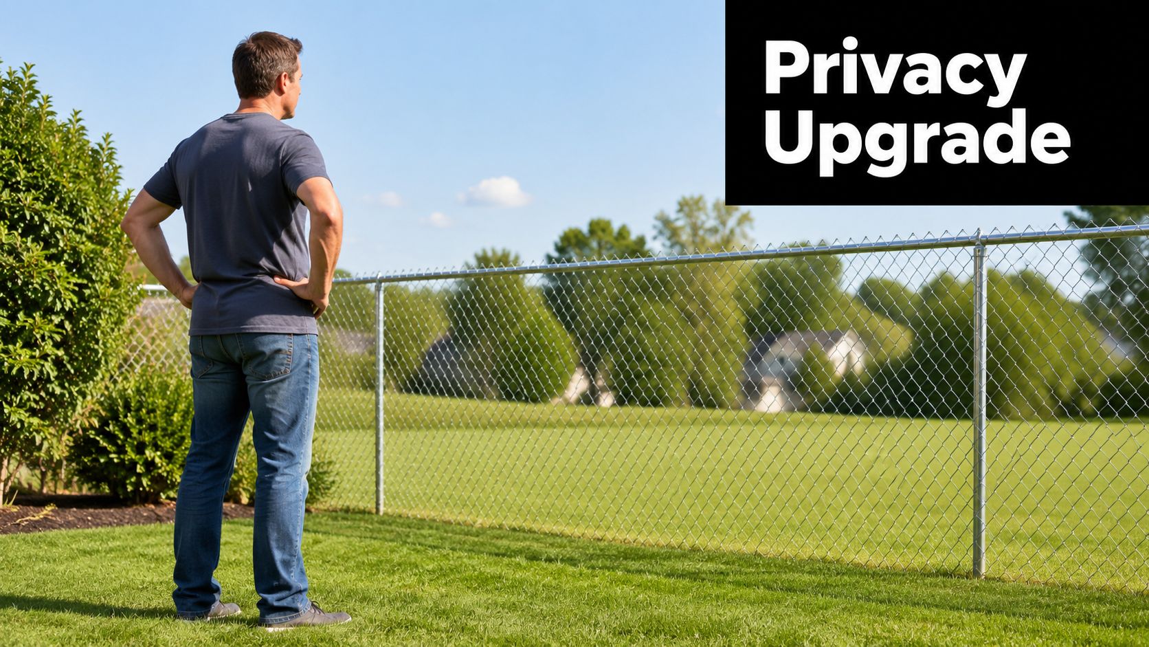 A man standing in his backyard looking over a chain-link fence towards a grassy field.