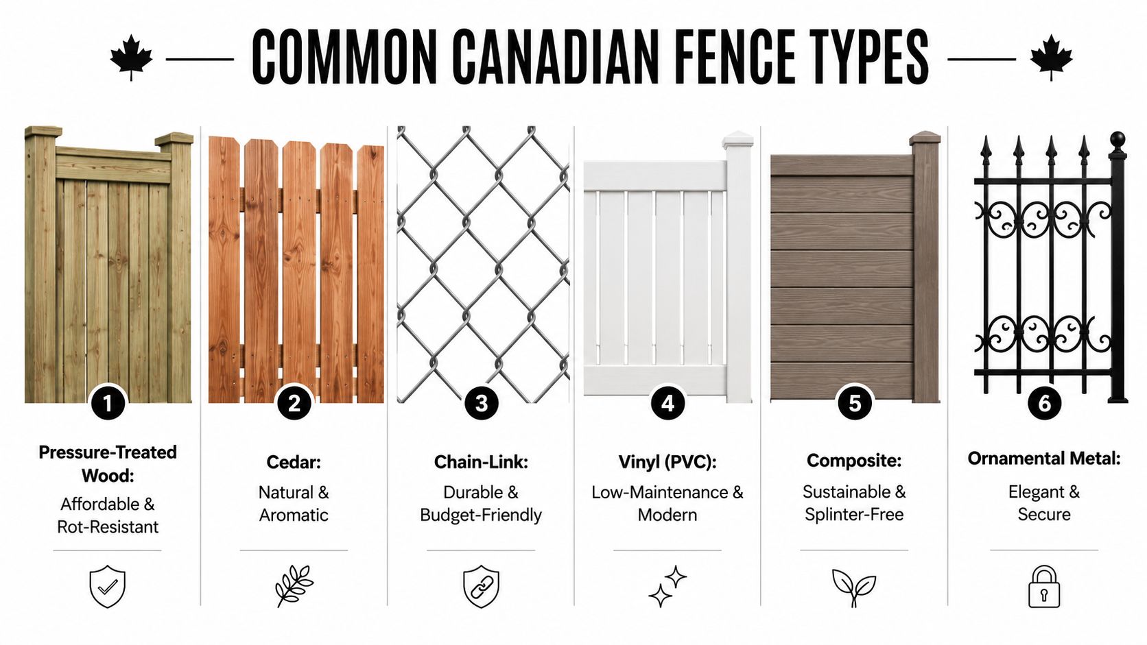 A graphic showing six common types of residential fences used in Canada, including wood, vinyl, and metal.