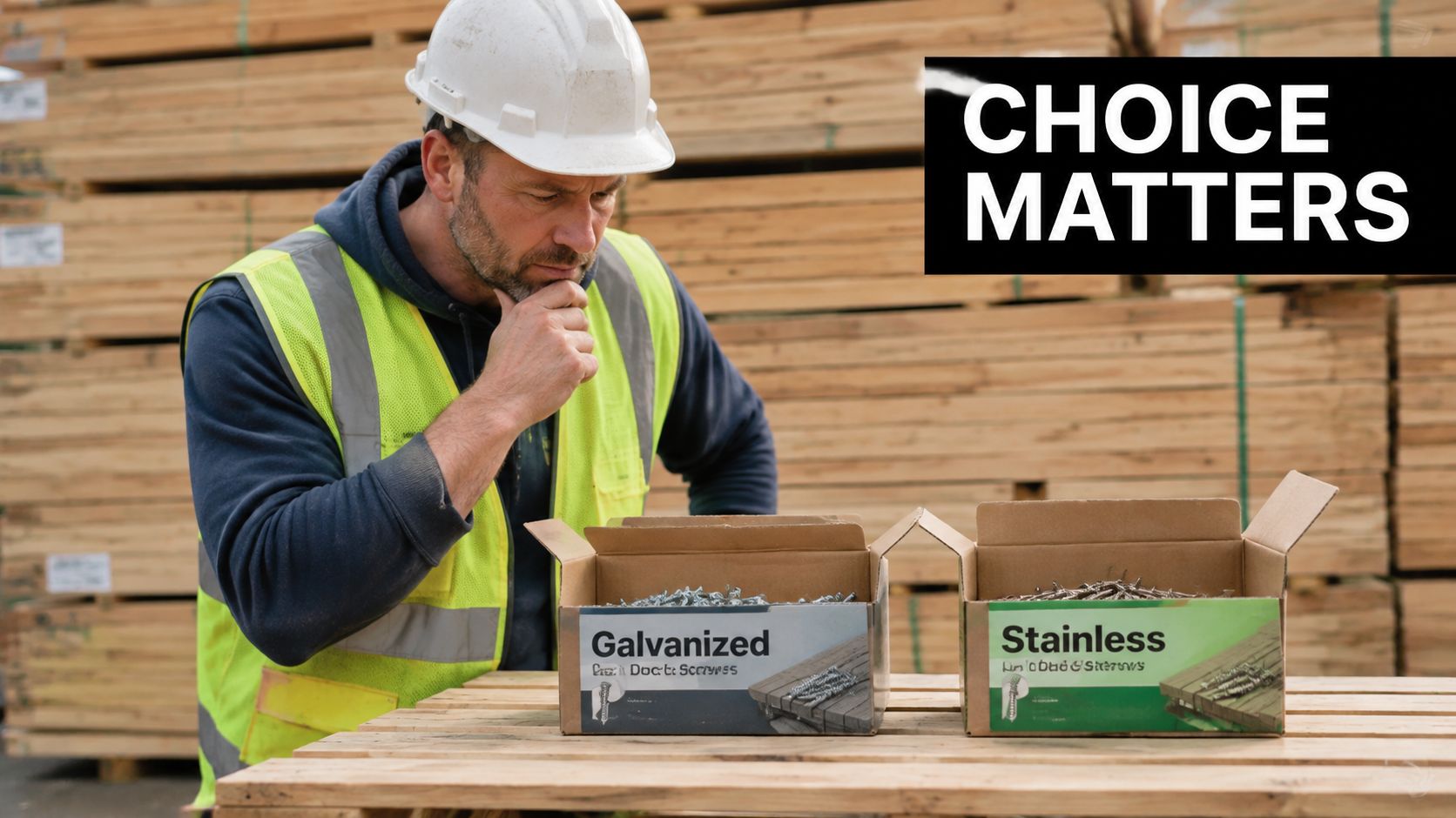 A construction worker in a hard hat and safety vest compares boxes of galvanized and stainless screws.