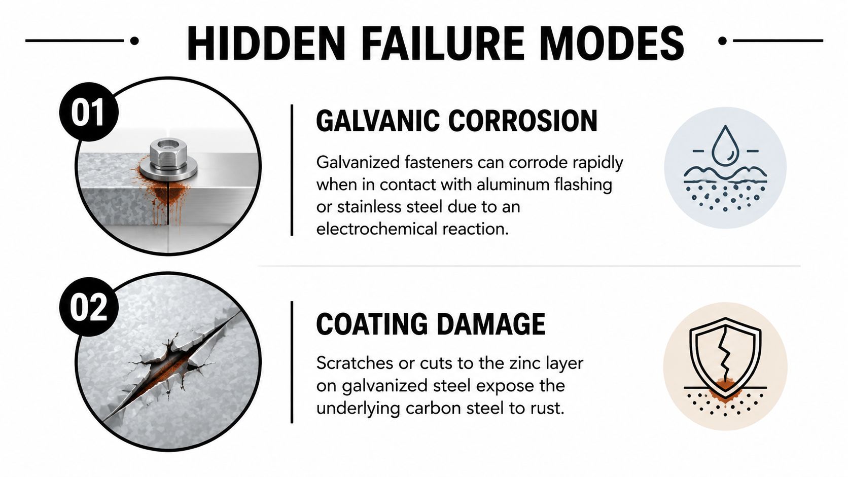 A graphic illustration detailing two hidden failure modes for galvanized steel: galvanic corrosion and coating damage.