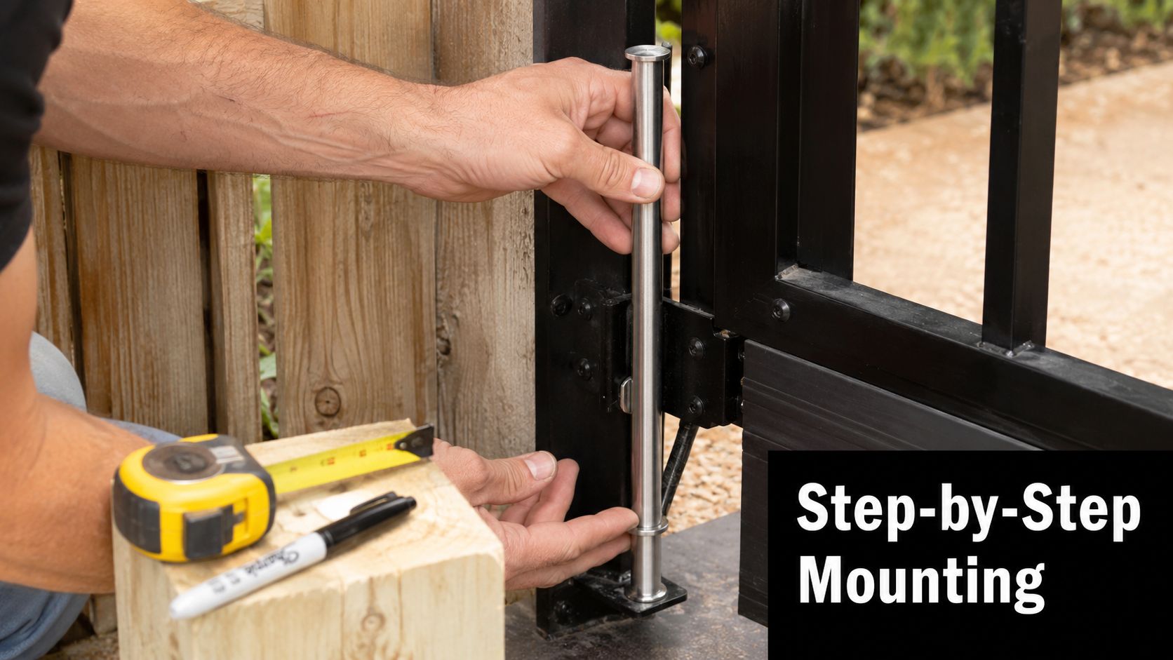 A person installing a metal gate drop rod onto a black gate attached to a wooden post.