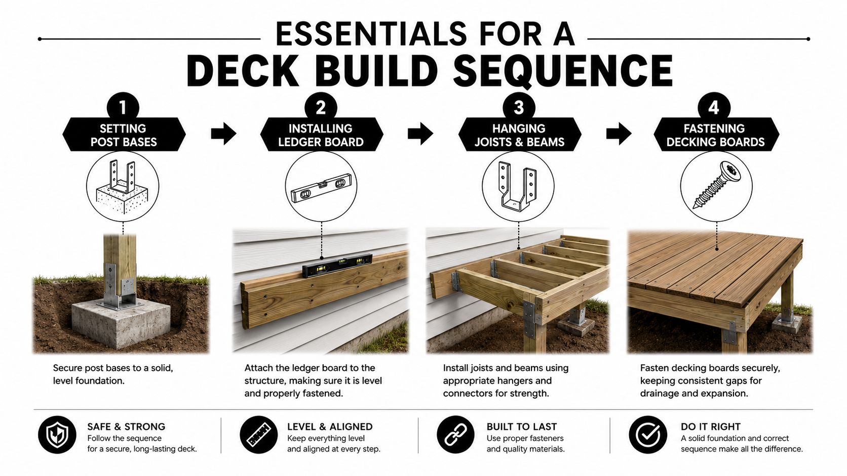 An infographic detailing the four essential steps for building a sturdy and secure wooden deck.