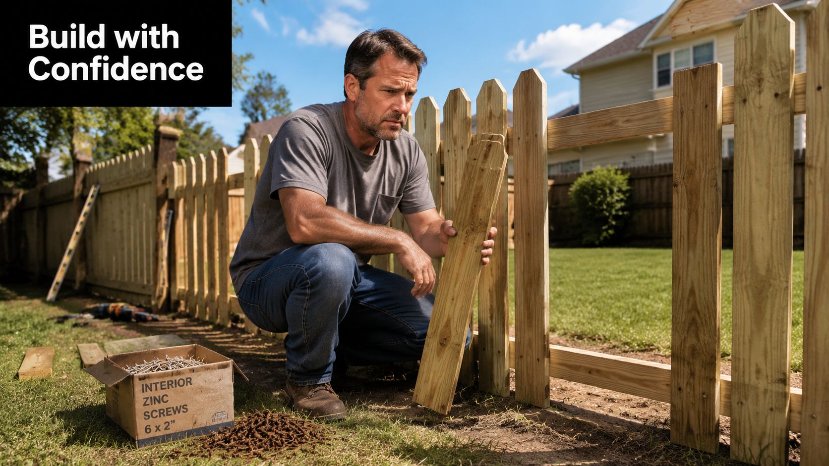 A man wearing jeans and a grey t-shirt kneeling while repairing a wooden picket fence outdoors.