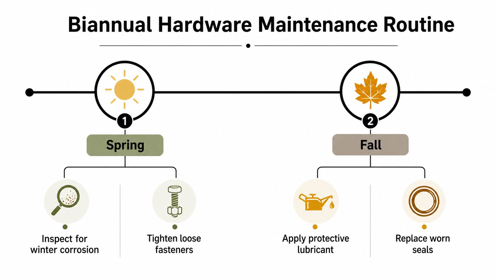 A biannual hardware maintenance routine infographic showing seasonal tasks to perform in spring and fall.