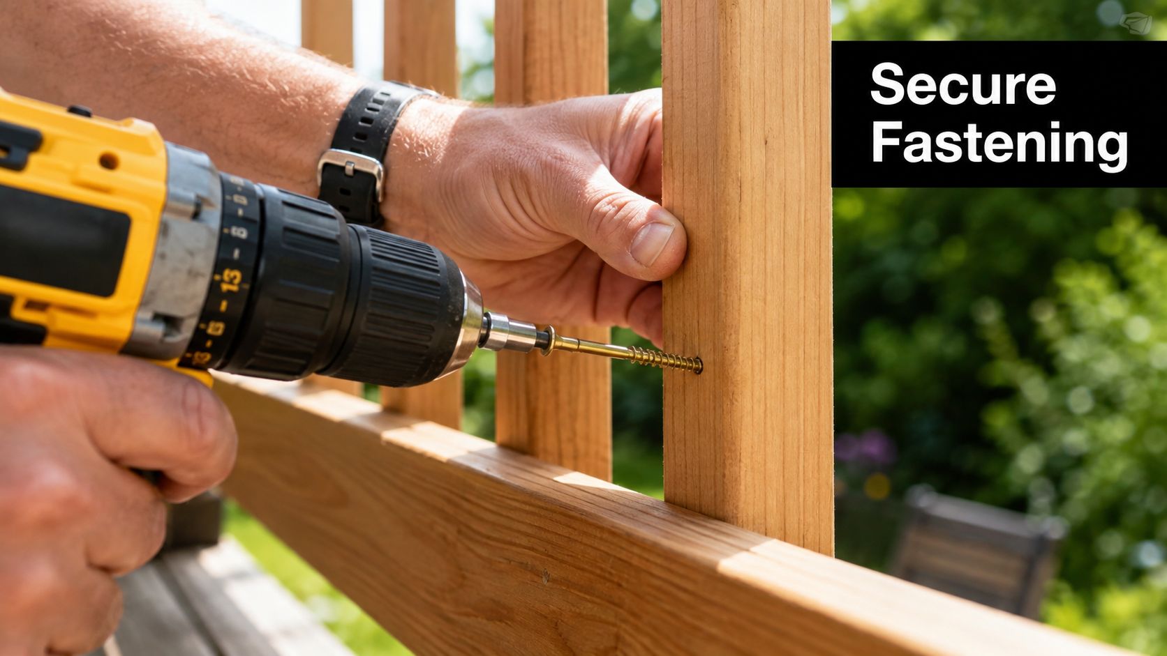 A close-up view of a person using a power drill to drive a screw into a wooden deck baluster.