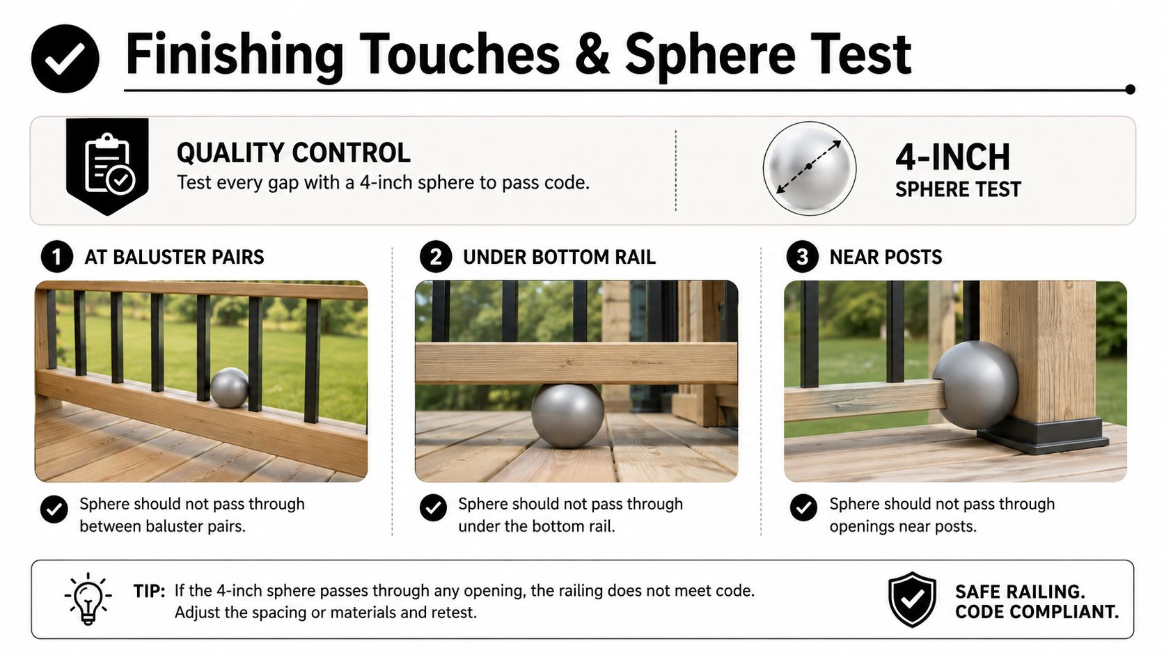 A safety guide illustrating the 4-inch sphere test to ensure deck railings are code compliant and safe.