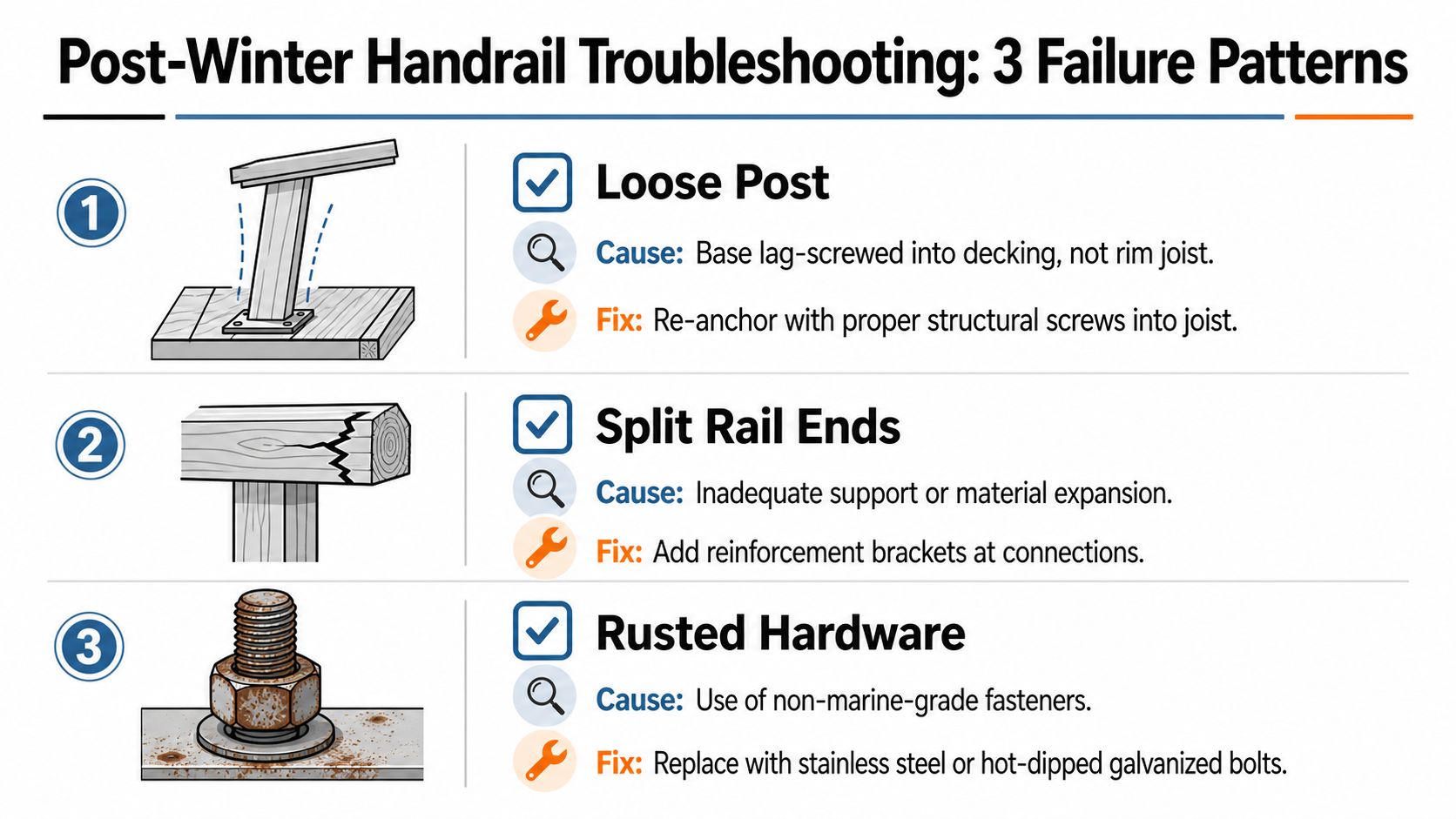 A diagnostic guide illustrating three common post-winter handrail failure patterns with causes and recommended repair solutions.