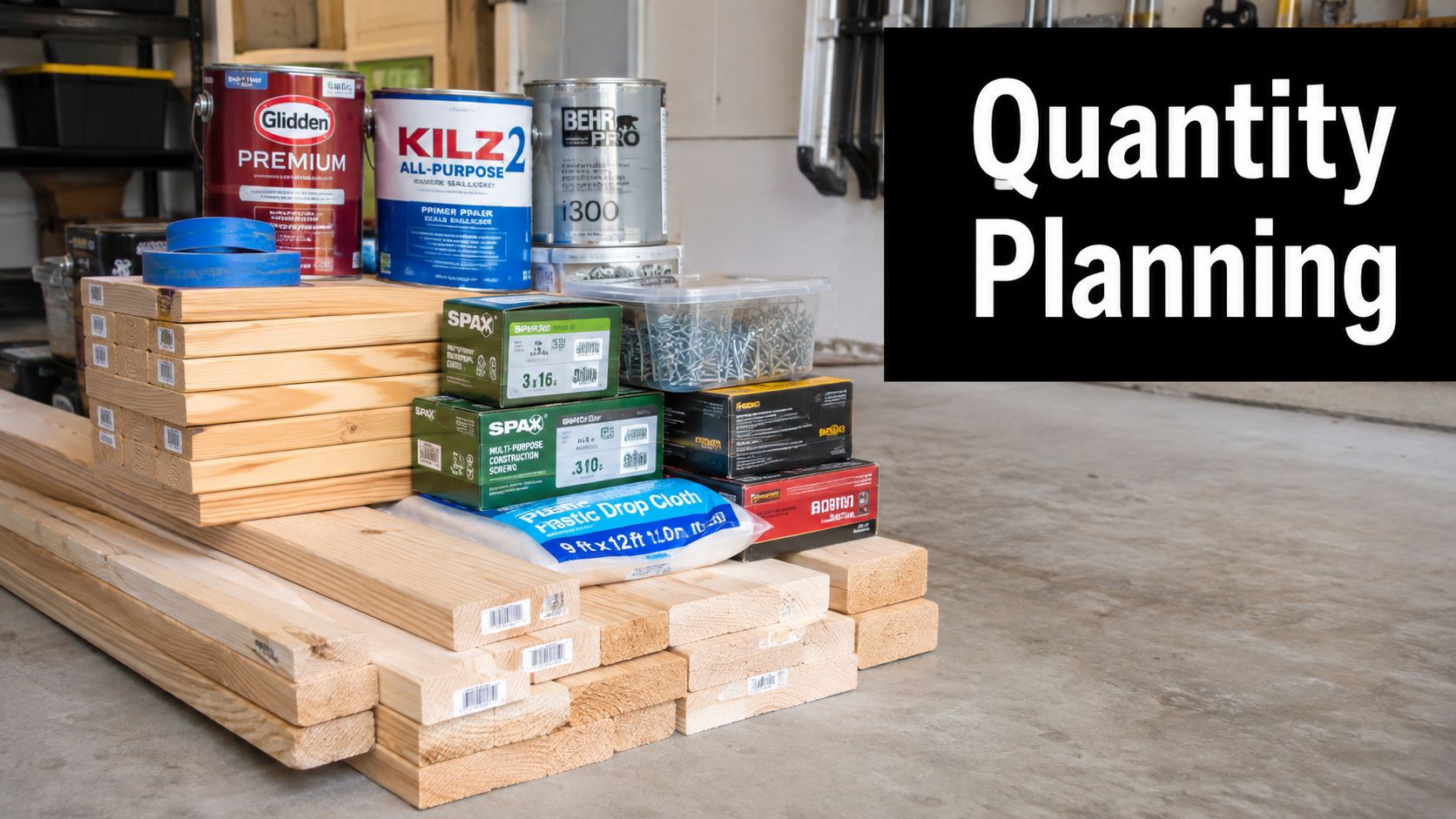 A collection of property maintenance supplies including wood boards, paint cans, screws, and plastic drop cloths.