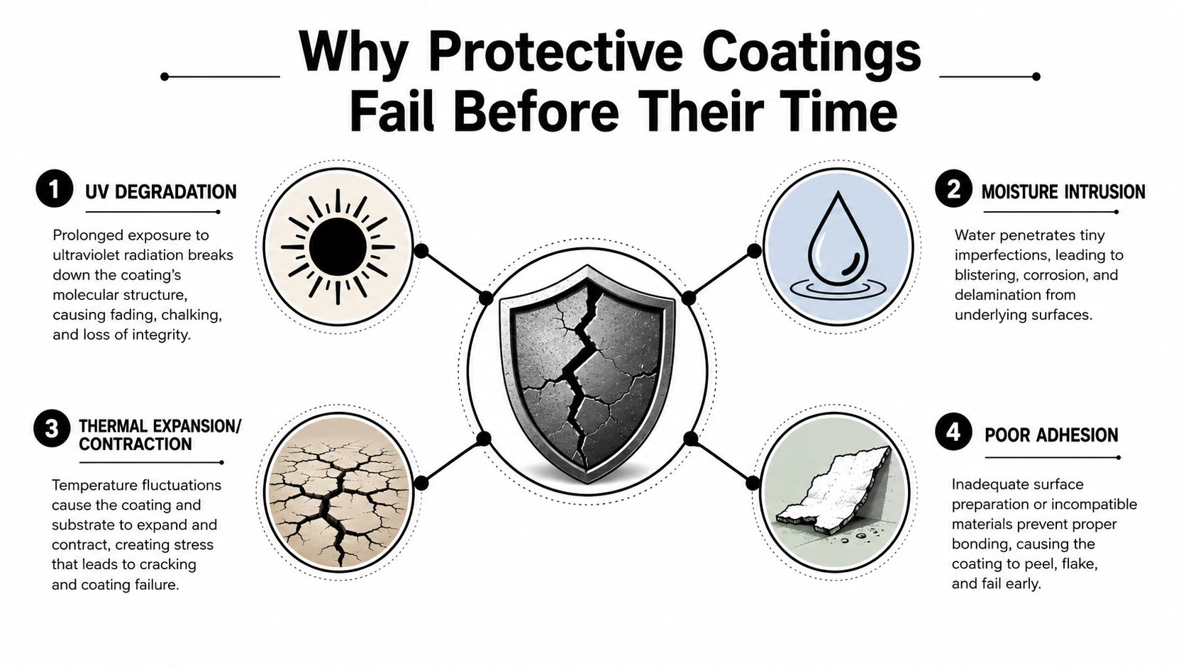 An infographic illustrating four primary reasons for protective coating failure including UV degradation, moisture intrusion, thermal stress, and poor adhesion.