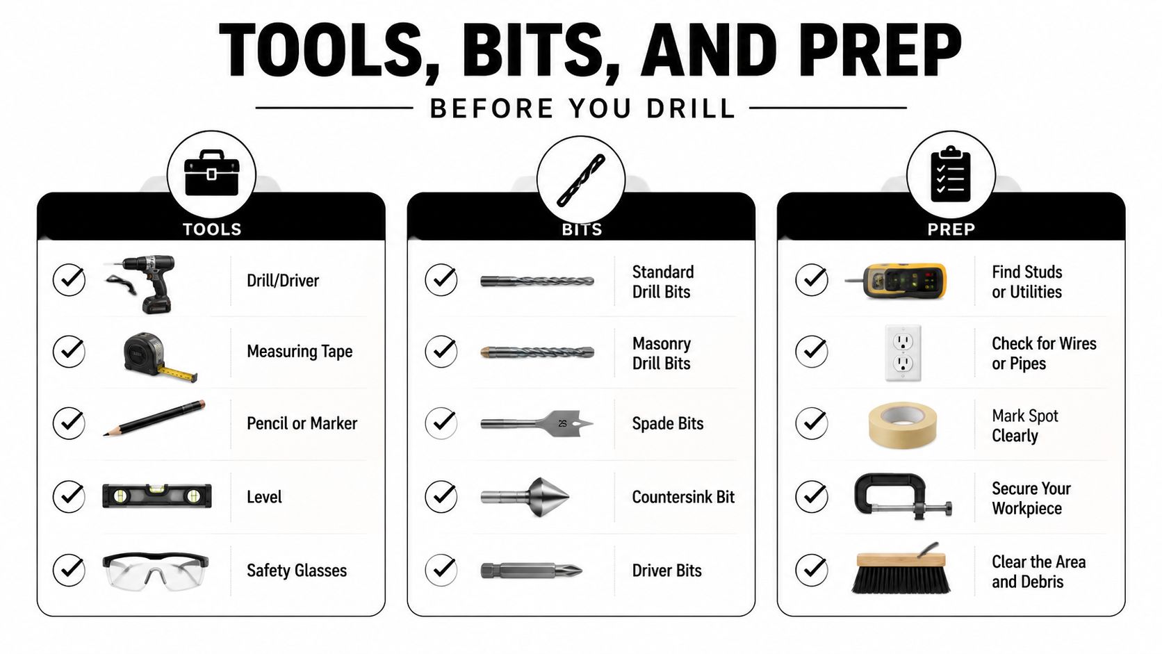 A checklist infographic illustrating essential tools, drill bits, and preparation steps required for home drilling projects.
