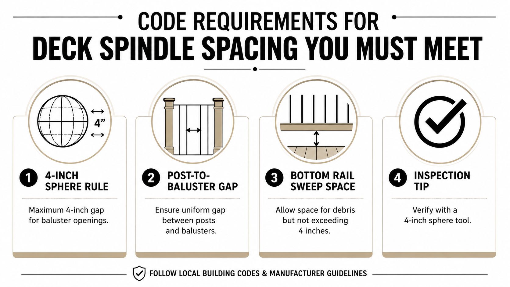 A guide illustrating code requirements for deck spindle spacing, highlighting the four-inch gap rule for safety.