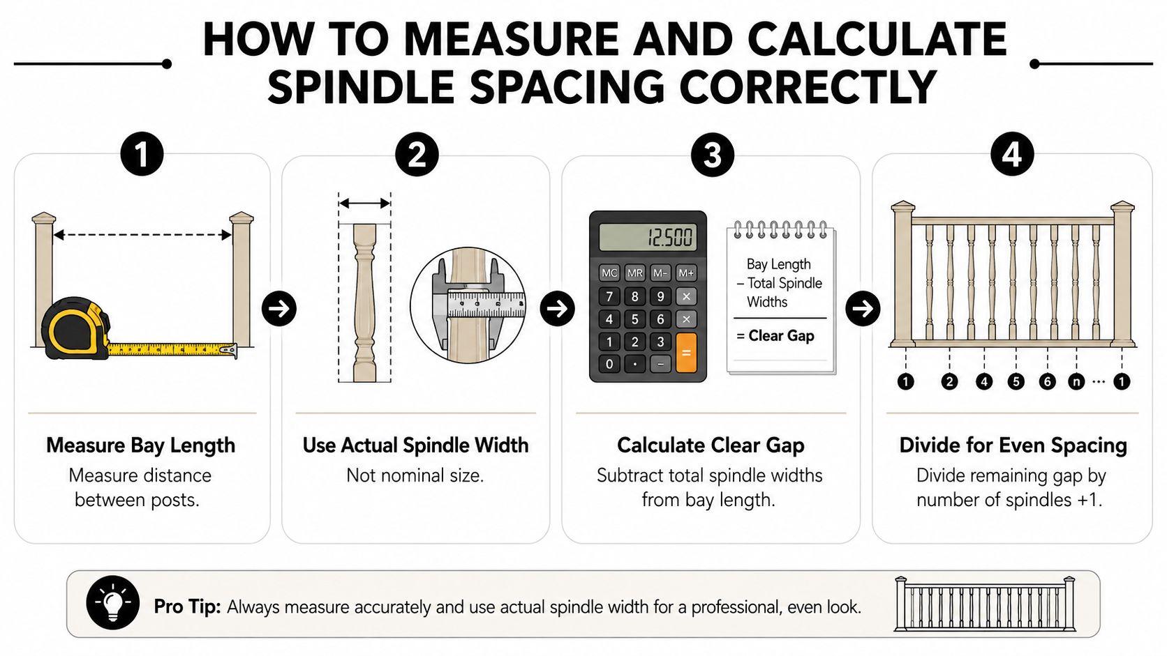 A step-by-step infographic illustrating the professional method for measuring and calculating accurate railing spindle spacing.