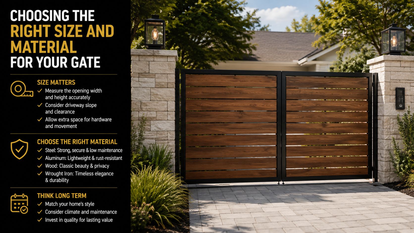 A dual-panel wooden gate with a black metal frame between stone pillars, with educational text overlay.