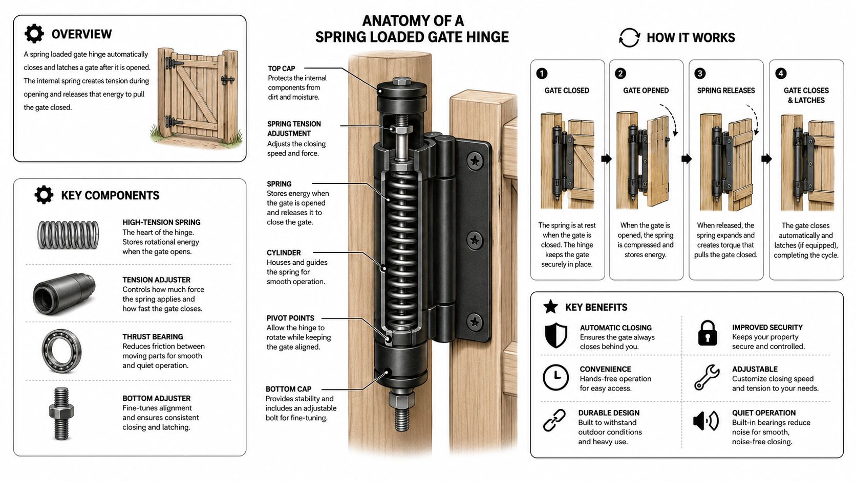 A detailed technical illustration explaining the components, function, and benefits of a spring loaded gate hinge.