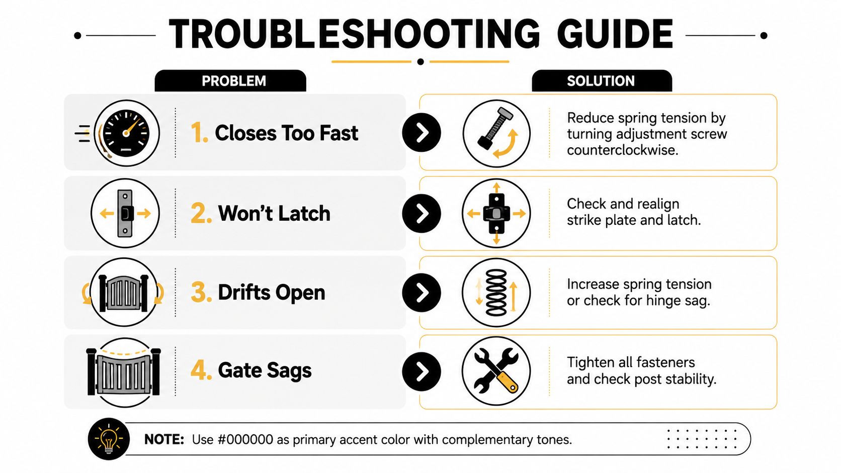 A troubleshooting guide graphic explaining how to fix common gate issues like closing speed, latching, drifting, and sagging.