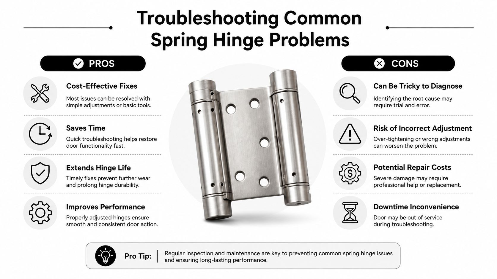 An infographic detailing the pros and cons of troubleshooting and maintaining spring-loaded gate hinges for doors.