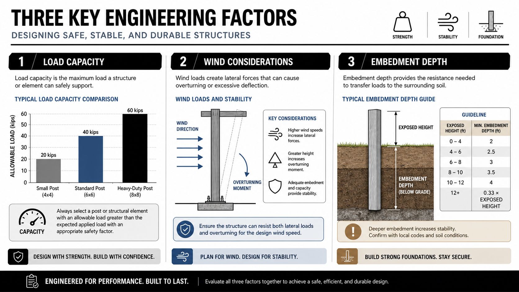 An infographic showing three essential engineering factors for designing safe structures: load capacity, wind considerations, and embedment depth.