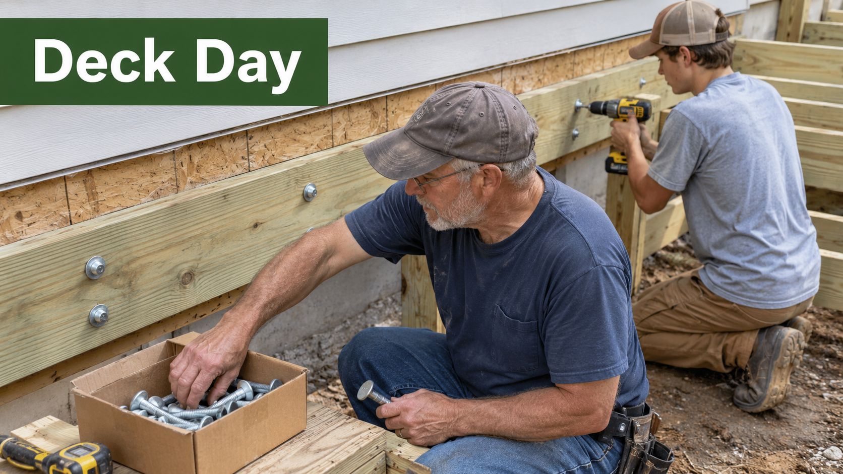 Two construction workers installing a wooden deck frame using carriage bolts and a power drill outside.