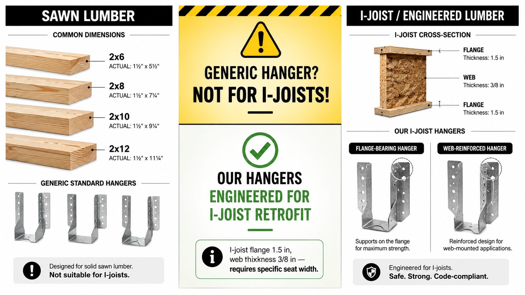 A comparison chart showing differences between standard sawn lumber and engineered I-joists for proper hanger selection.
