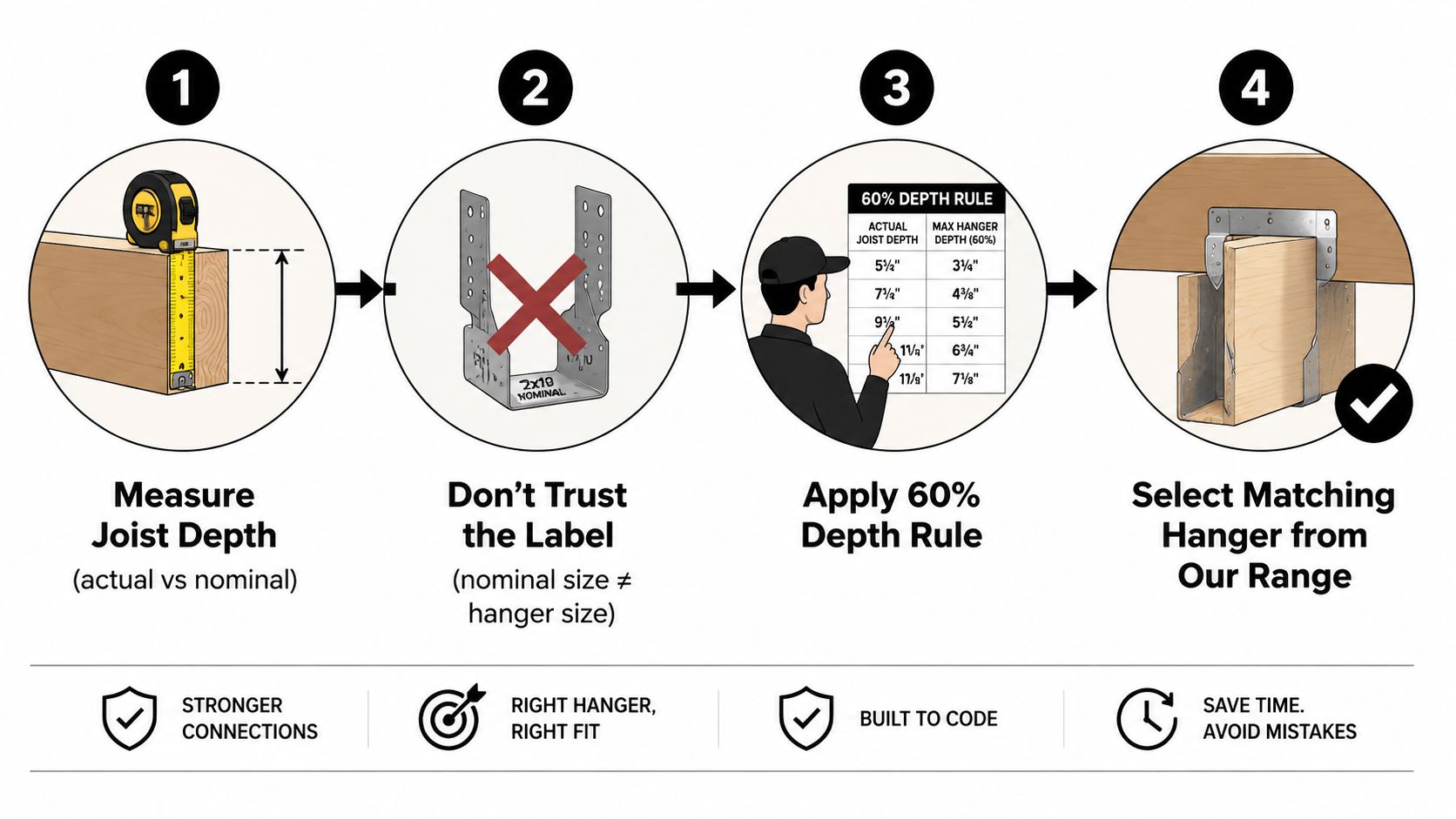 An instructional graphic showing four steps for selecting the correct size joist hanger for construction projects.