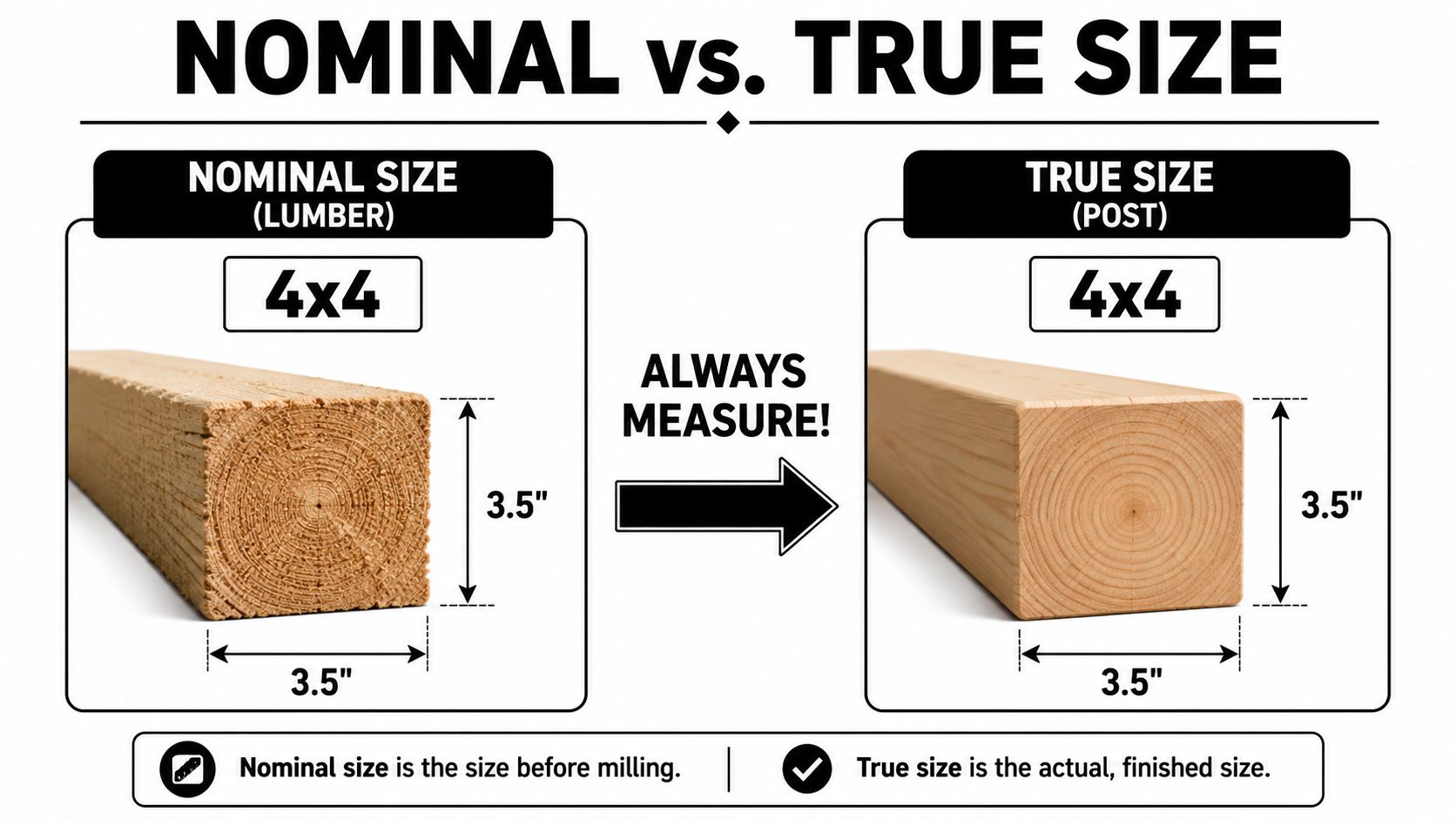 An infographic illustrating the difference between nominal 4x4 lumber size and actual true finished post dimensions.