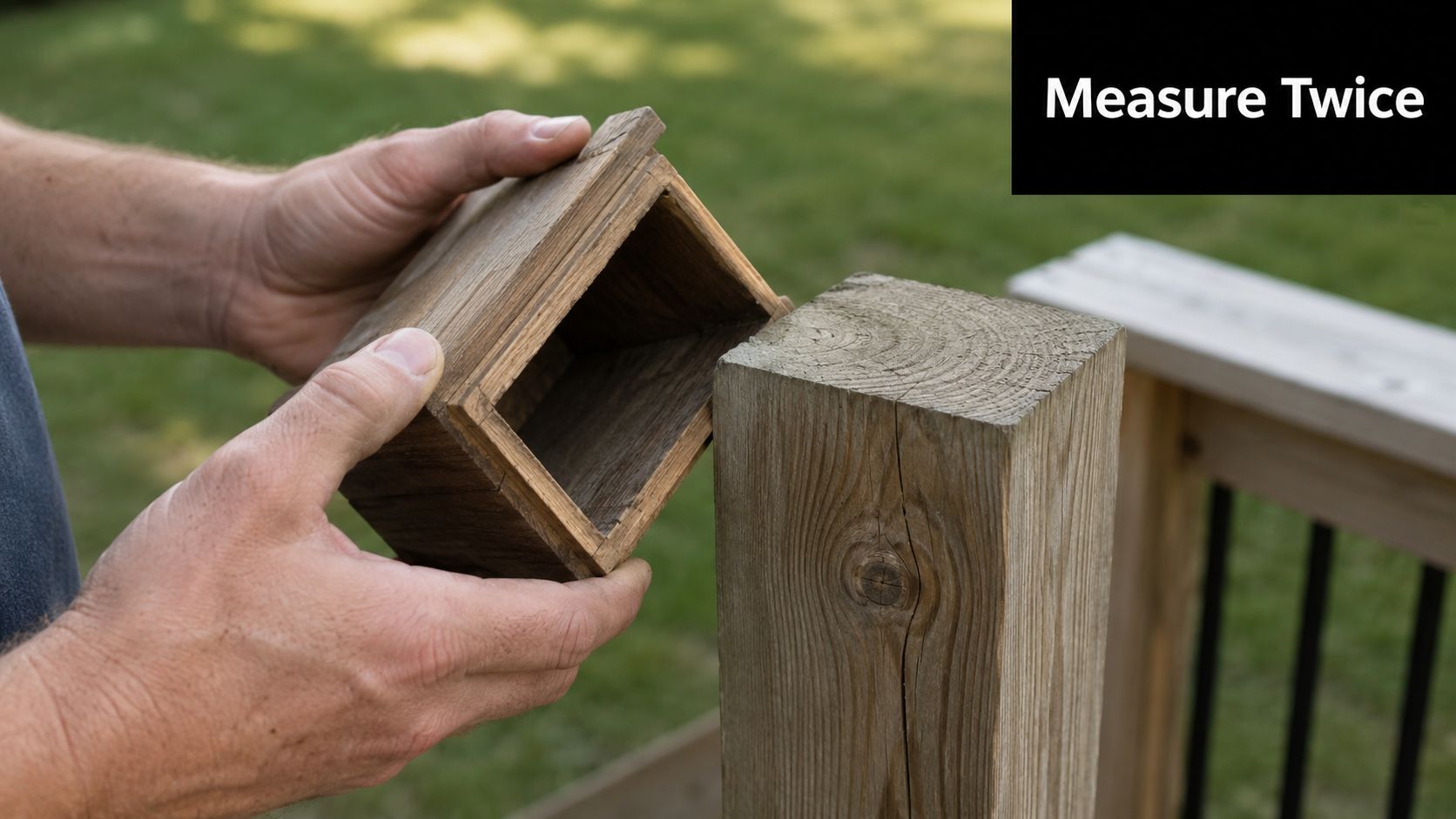 A person holding a wooden post cap over a 4x4 wooden fence post outdoors.