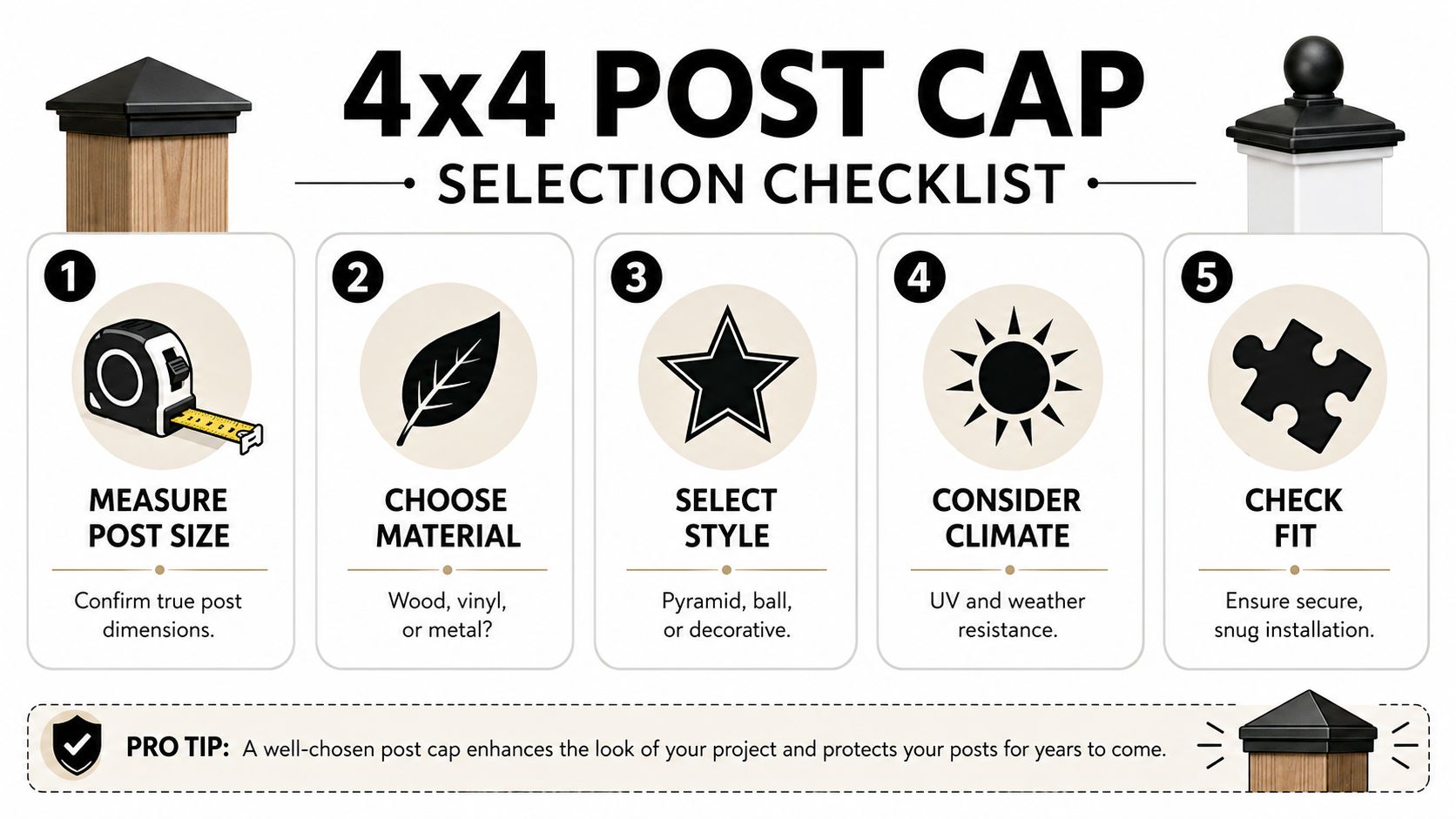 A 4x4 post cap selection checklist infographic guiding homeowners through measuring, material, style, climate, and fit.