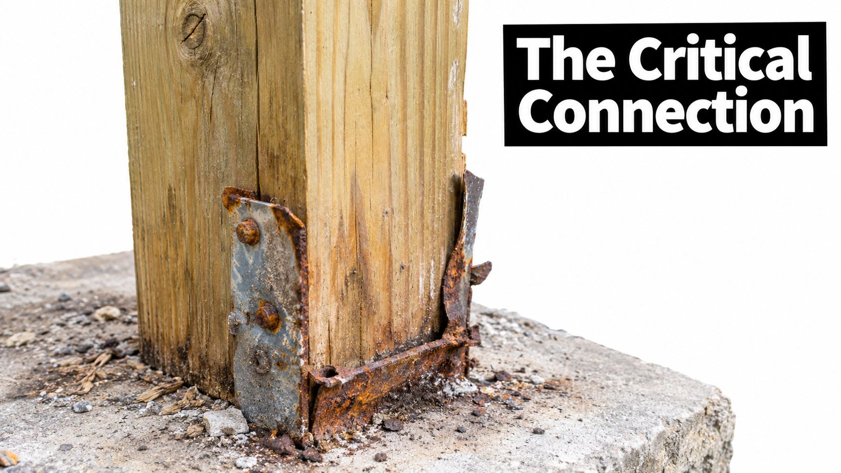 A close-up view of a severely rusted metal connector securing a wooden post to a concrete base.