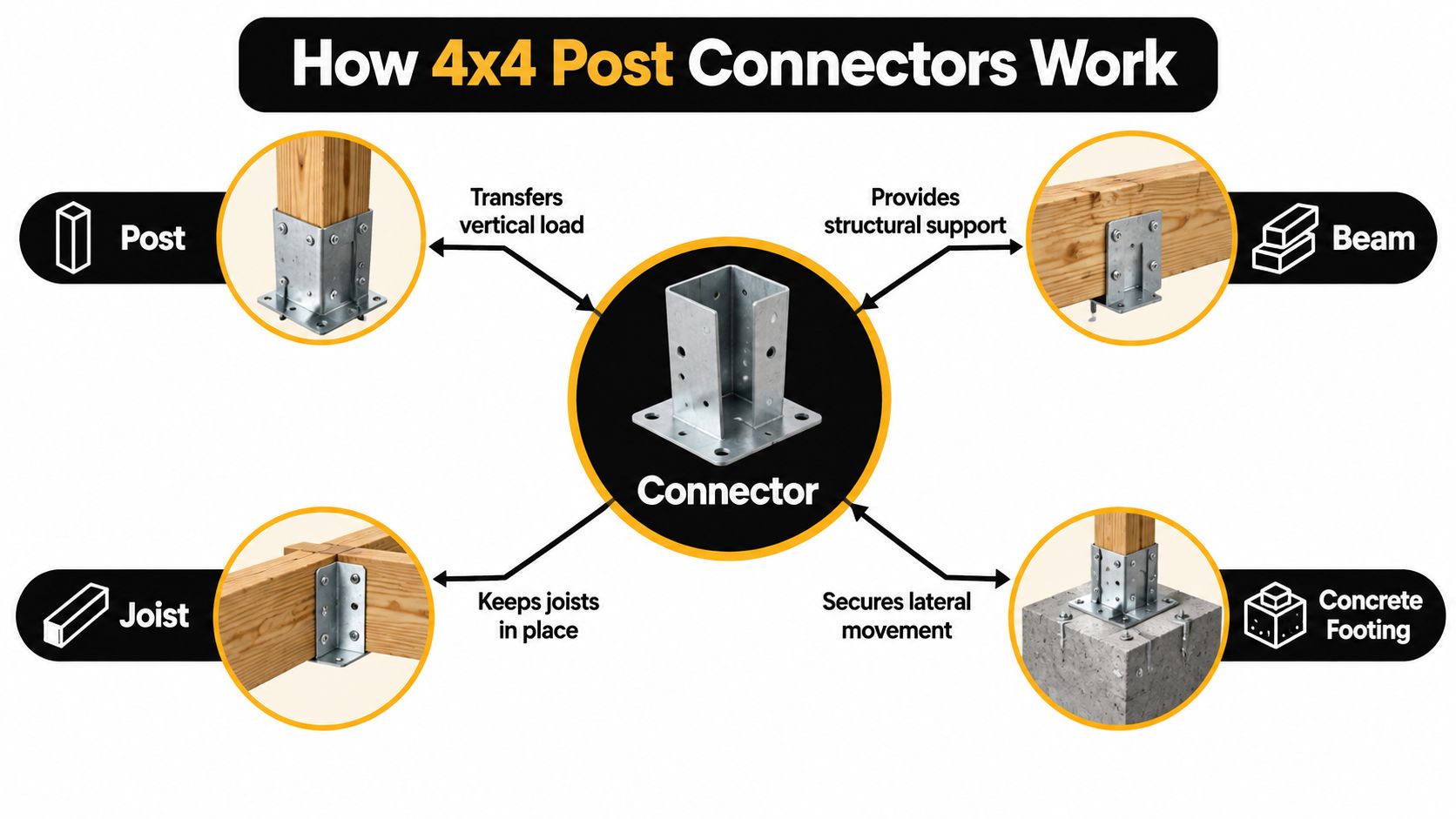 A diagram illustrating how metal 4x4 post connectors function by providing structural support and securing construction components.