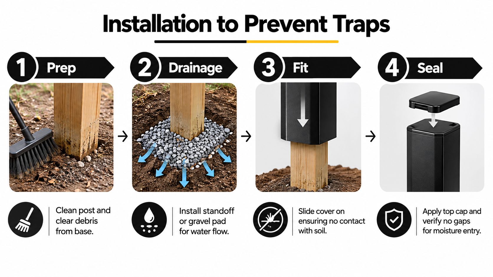 A four-step infographic illustrating the professional installation process of a protective post cover to prevent moisture rot.