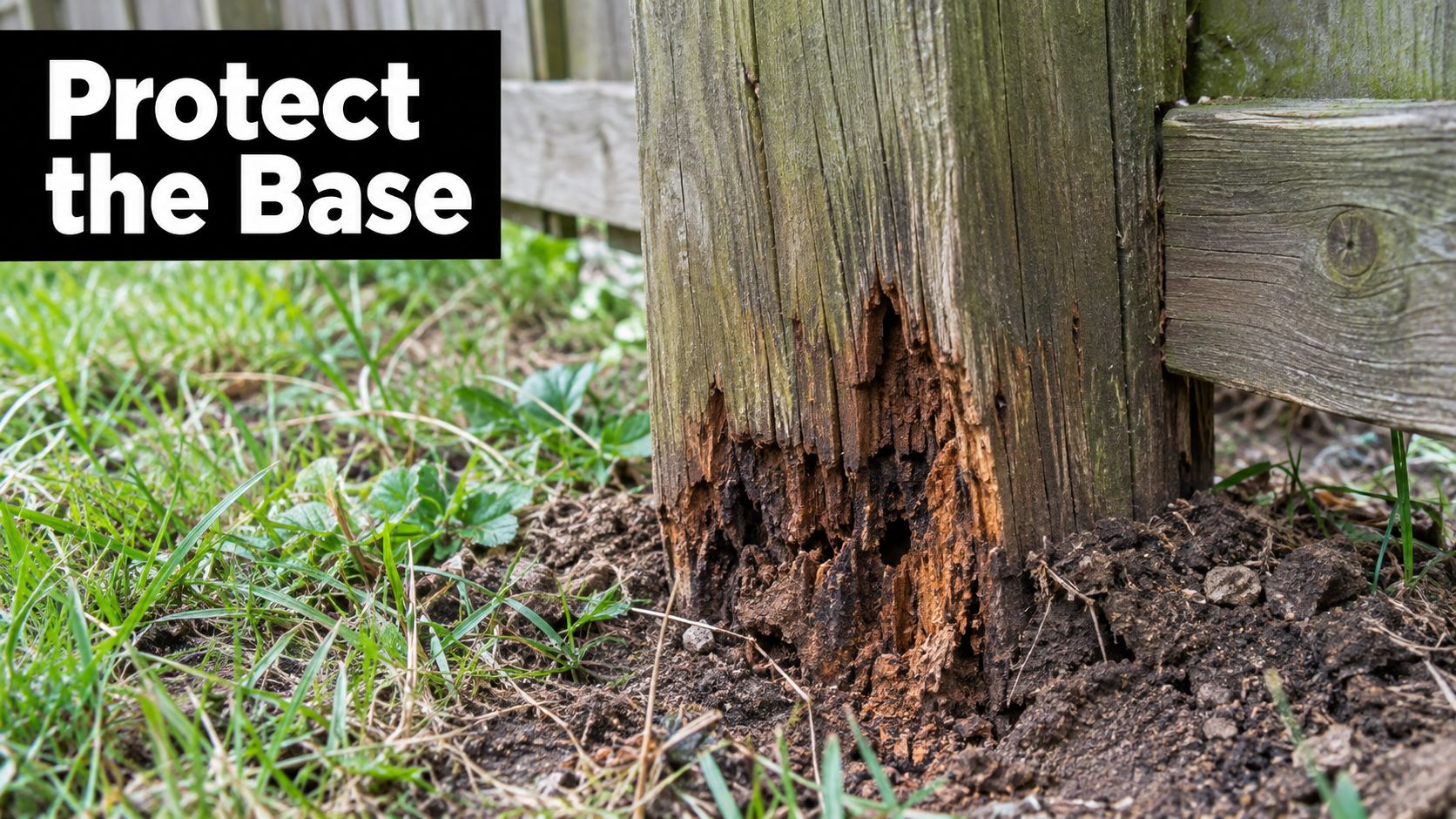 A close-up view of a rotting wooden fence post base showing severe water damage and decay.